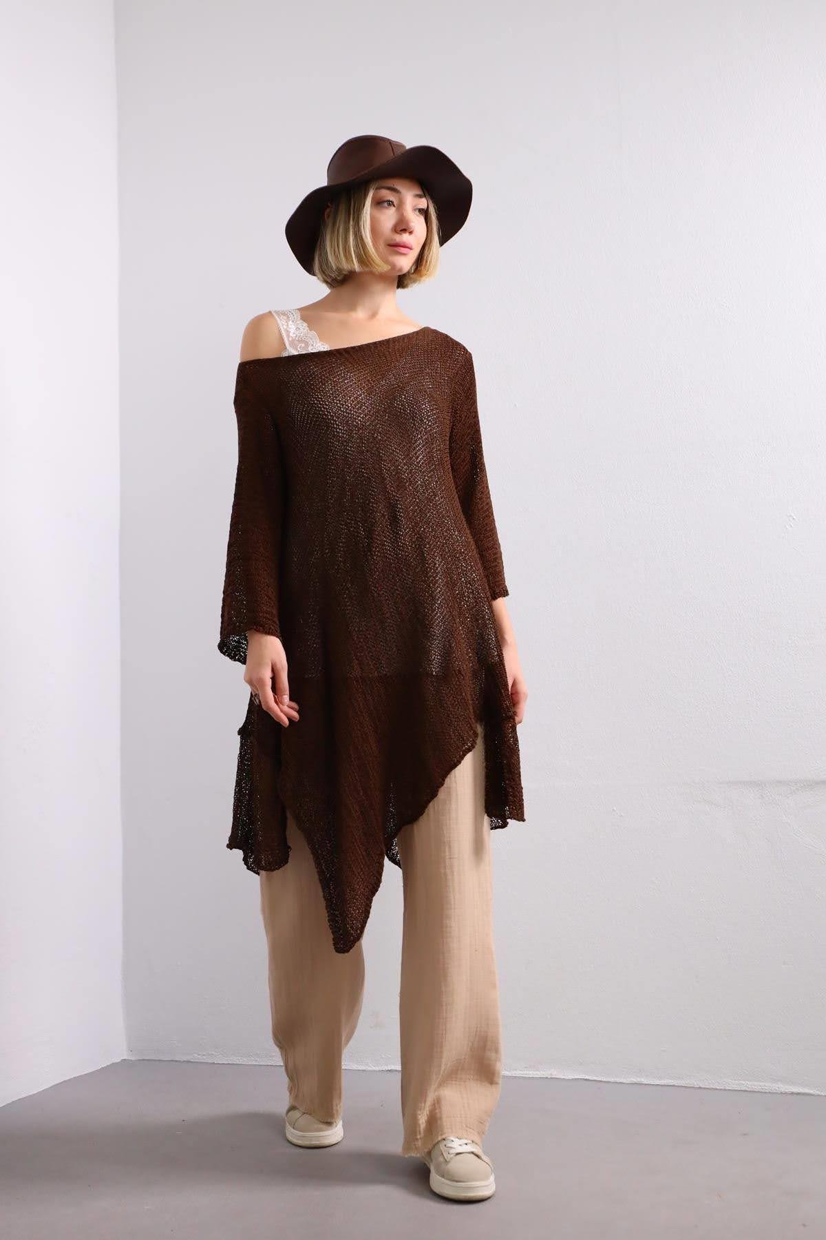 Brown Asymmetric Cut Mercerized Loose Blouse - Saman Butik | Shop Online Brown Asymmetric Cut Mercerized Loose Blouse