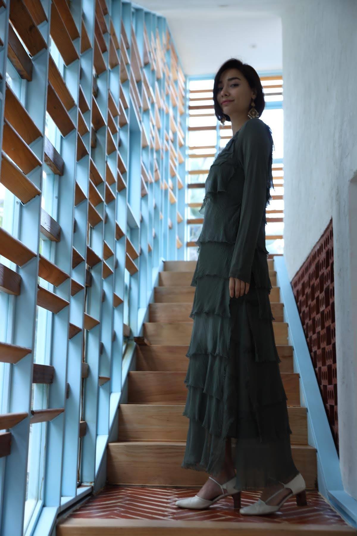  Emerald Green Silk Multi-Layered  Long Dress - Şaman Butik | Boho Fashion  Emerald Green Silk Multi-Layered  Long Dress