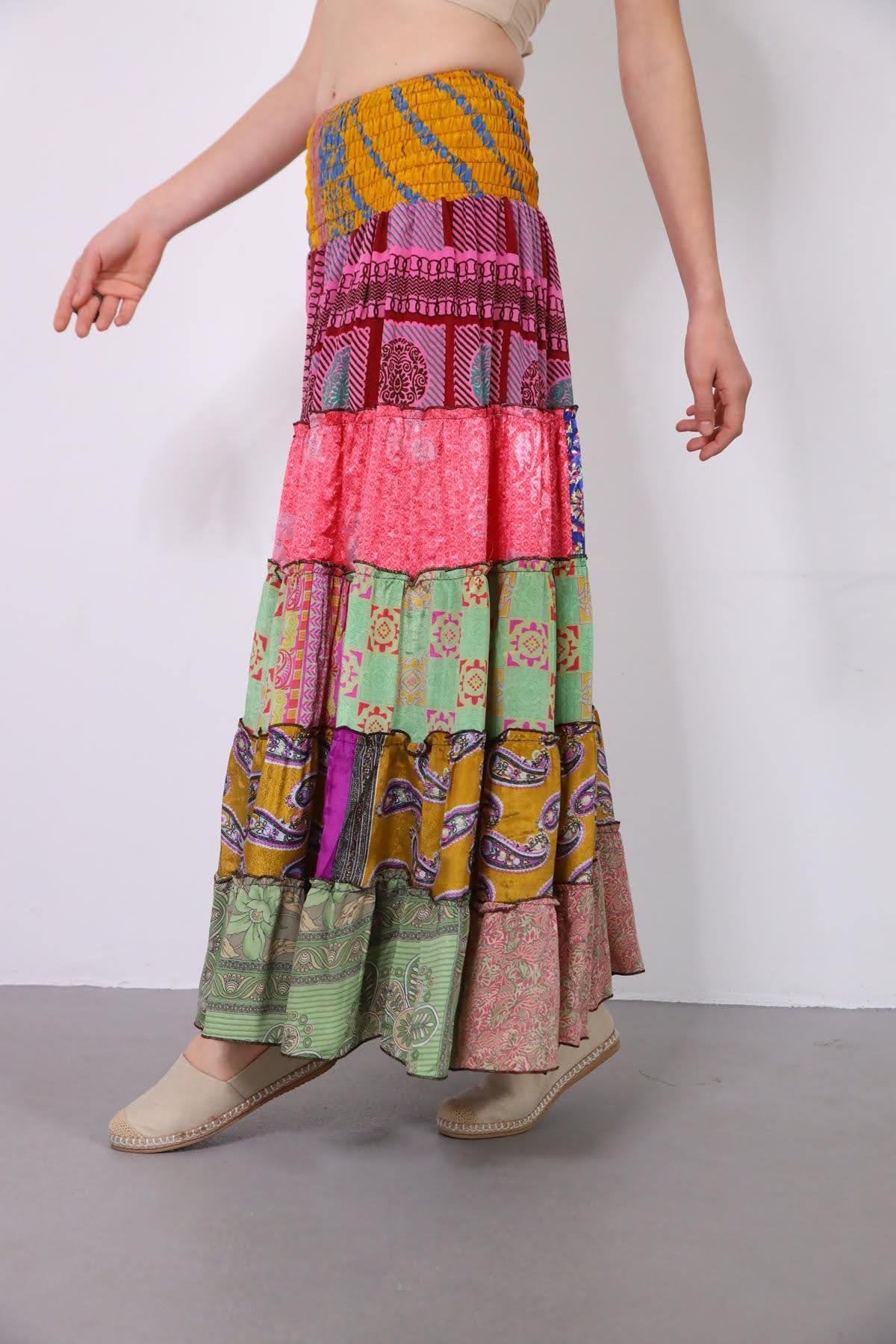 Renkli Beli Lastikli Otantik Desenli Patchwork Etek - Şaman Butik Renkli Beli Lastikli Otantik Desenli Patchwork Etek
