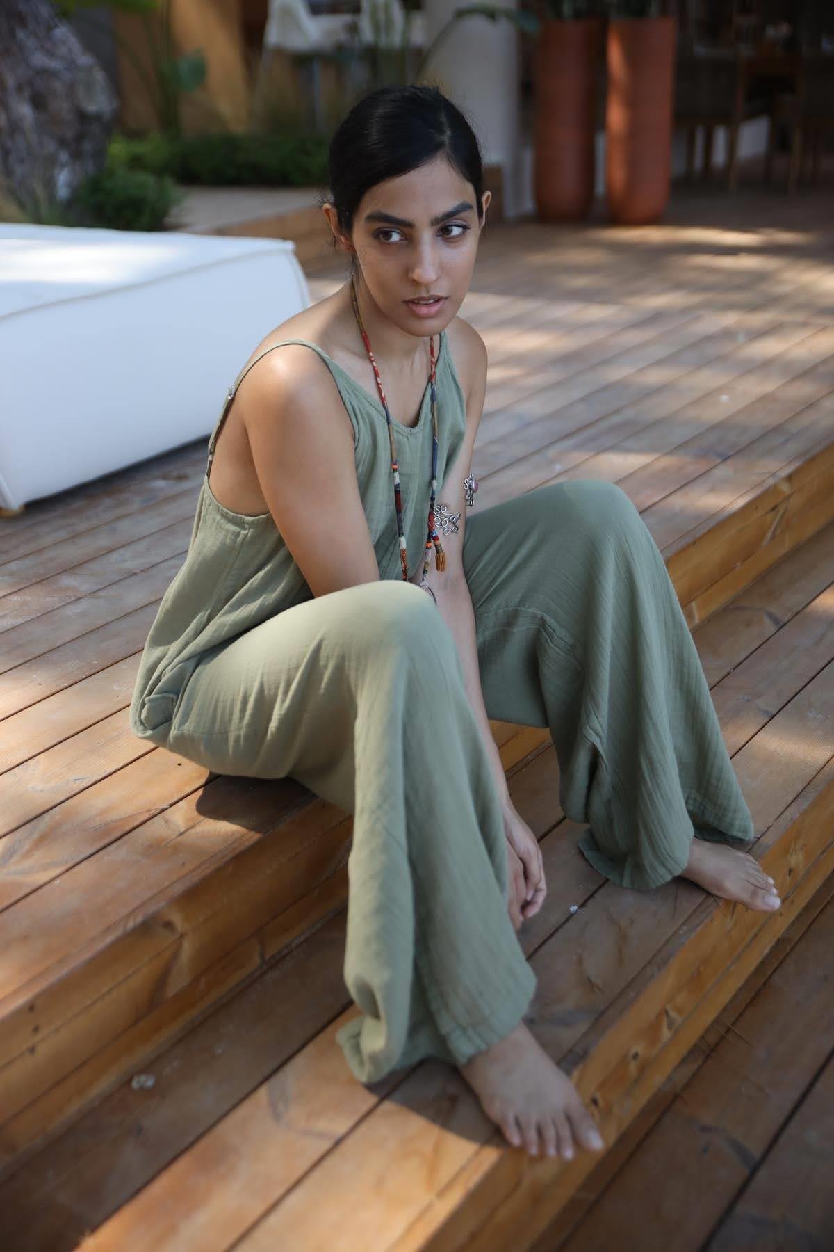  Haki Askılı Salaş Müslin Tulum