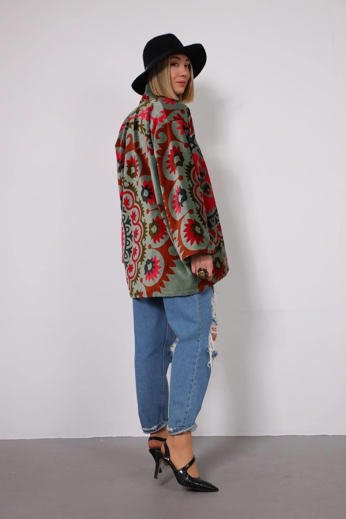  Mint Yeşili Otantik Desenli Kısa Kadife Kaftan