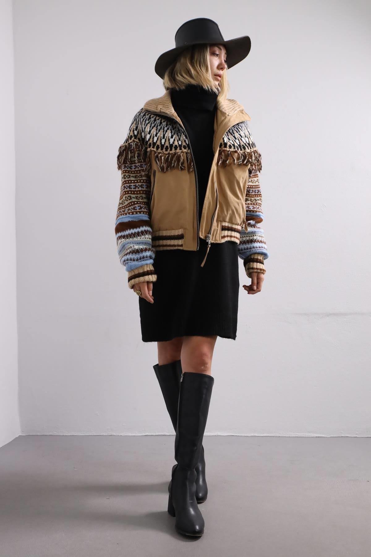  Camel Rengi Desenli Bomber Ceket