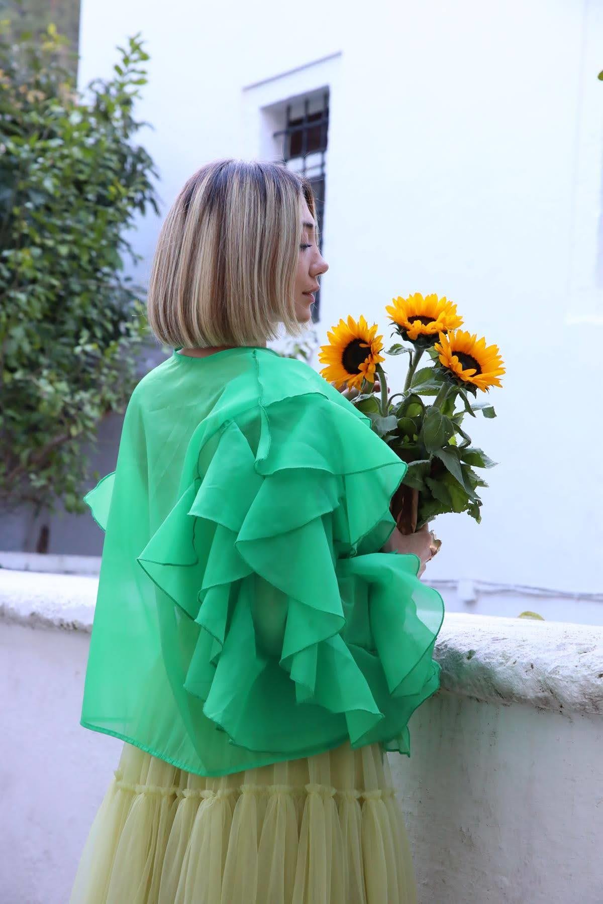 Yeşil Şifon Kolları Katlı Bluz - Şaman Butik Yeşil Şifon Kolları Katlı Bluz