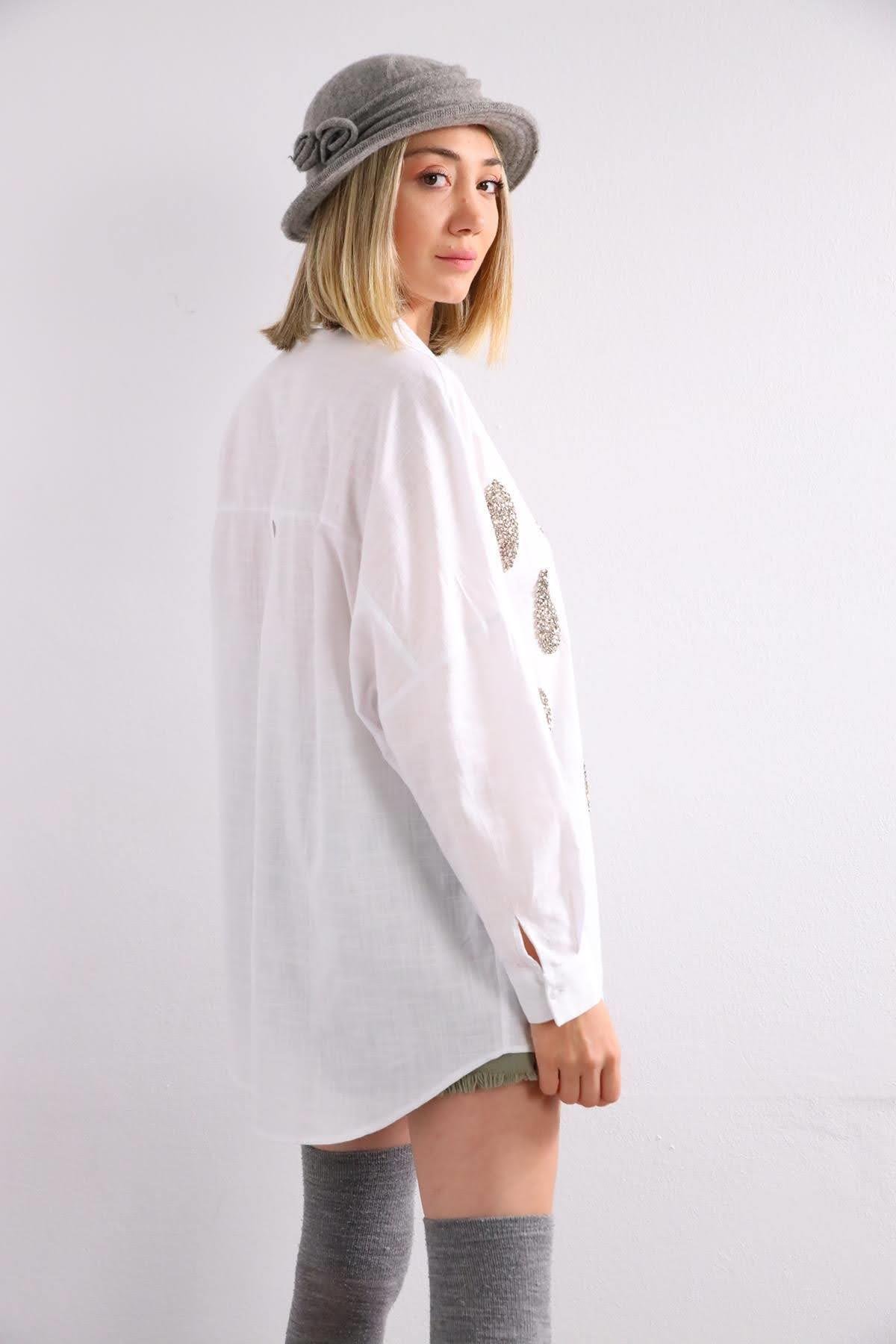 White Patterned Stone Embroidered Shirt White Patterned Stone Embroidered Shirt
