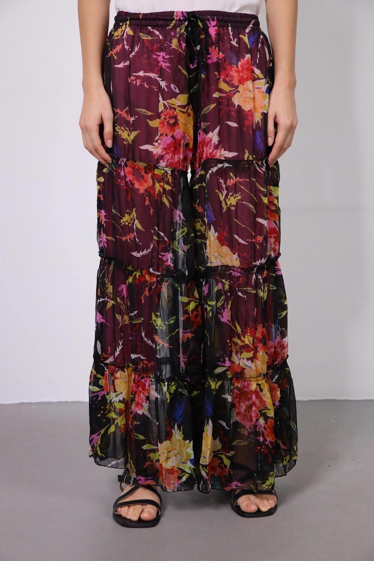  Siyah Çiçekli Şifon Pantolon
