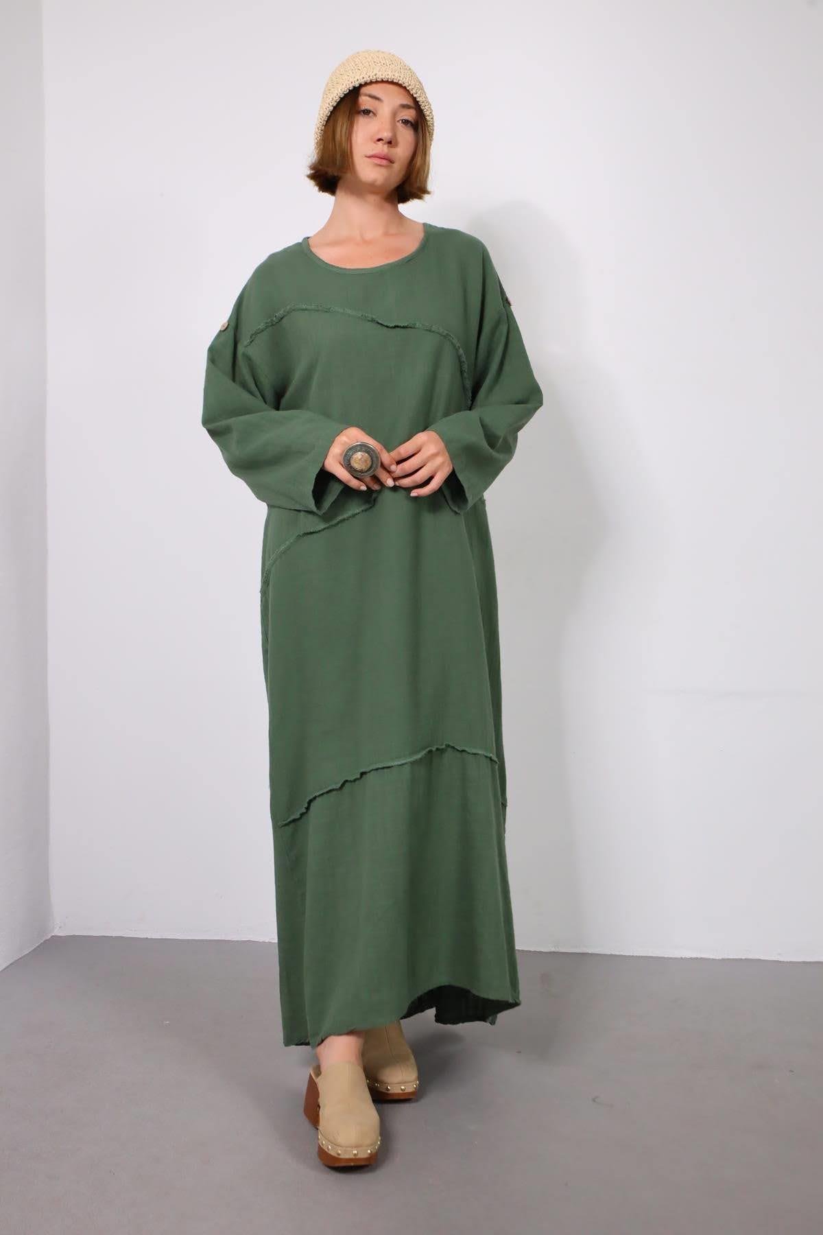 Haki Önü Dikişli Kolları Apoletli Elbise - Şaman Butik Haki Önü Dikişli Kolları Apoletli Elbise