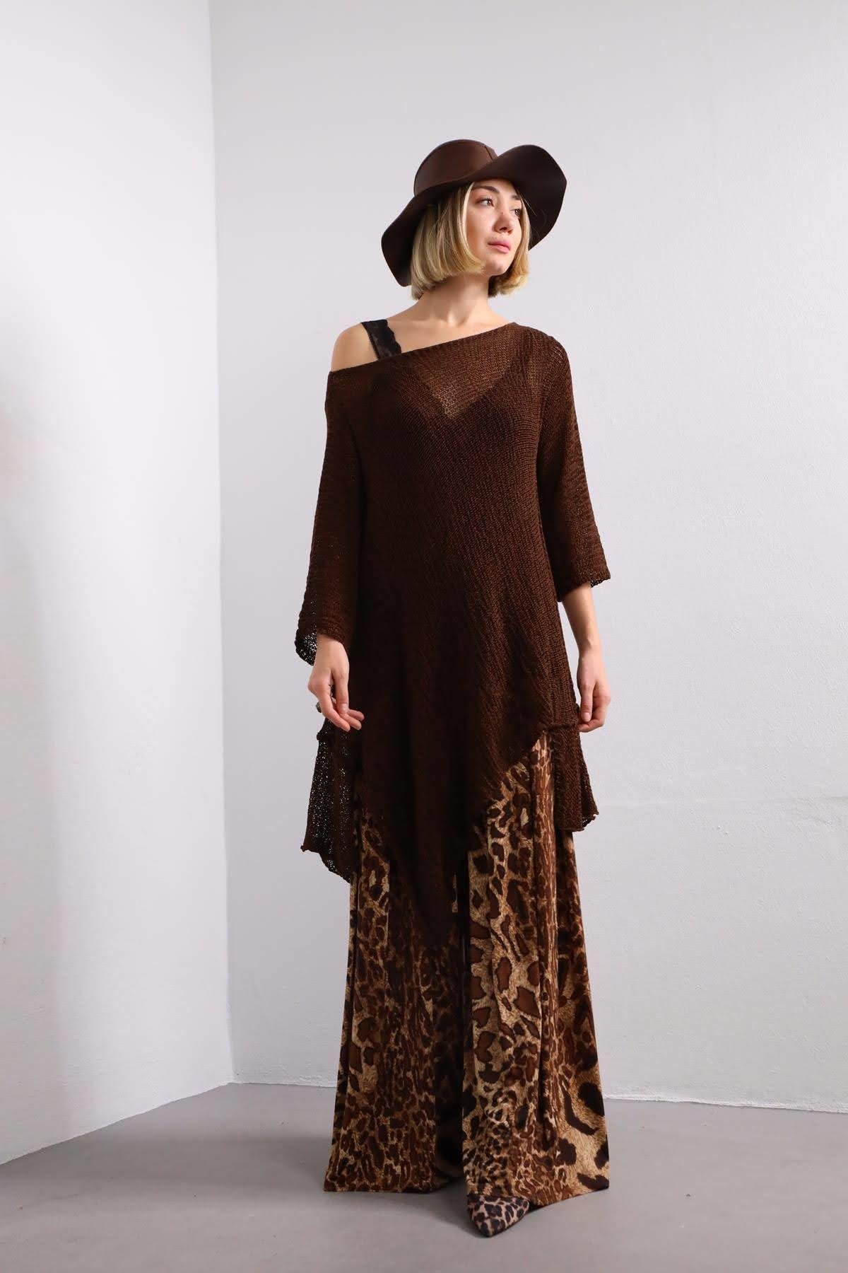 Brown Asymmetric Cut Mercerized Loose Blouse - Saman Butik | Shop Online Brown Asymmetric Cut Mercerized Loose Blouse