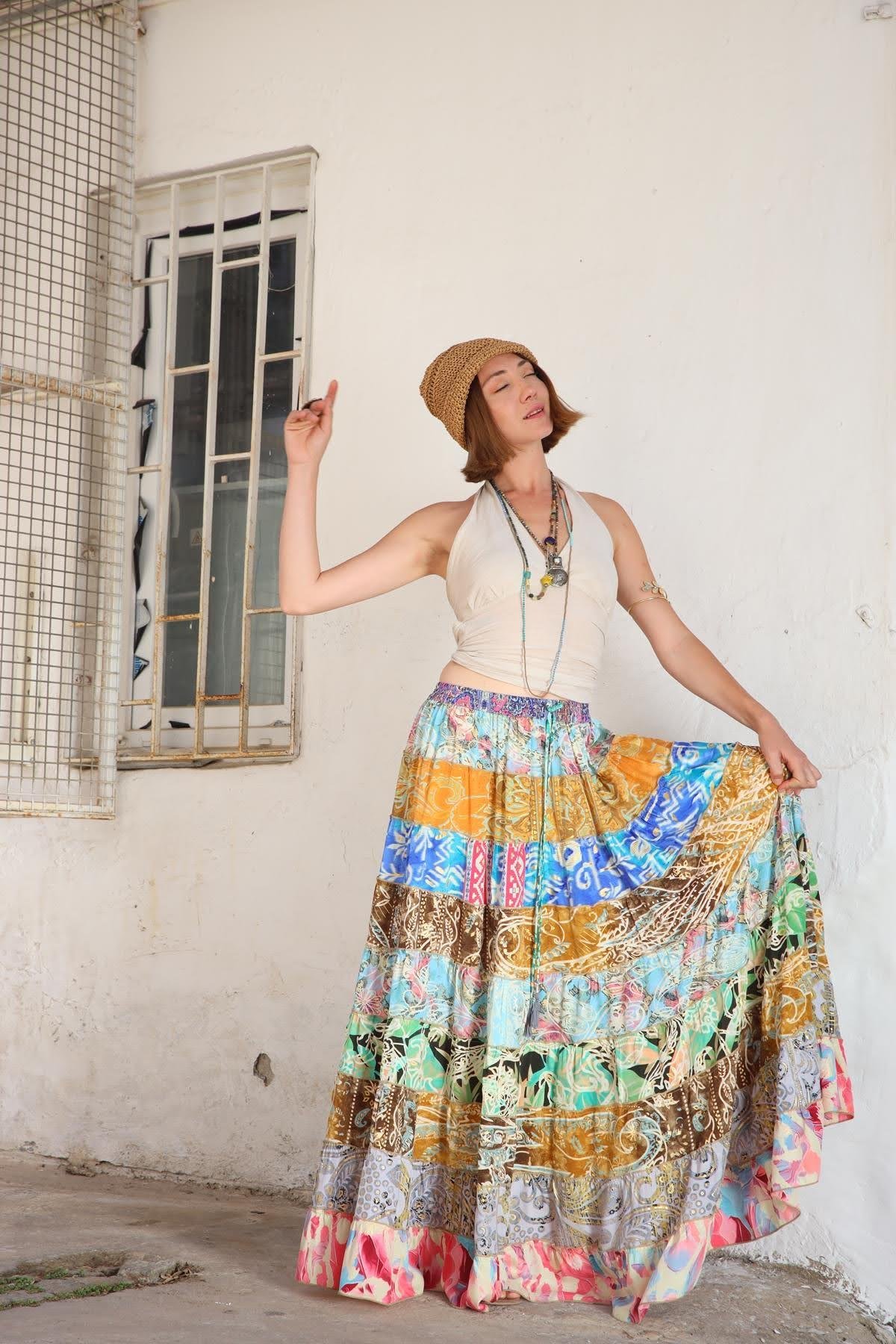 Renkli Patchwork Otantik İpek Etek - Şaman Butik Renkli Patchwork Otantik İpek Etek