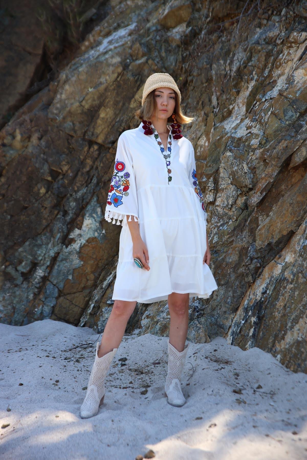 Saman Butik | Shop Online White Embroidered Dress with Pompom Tassels