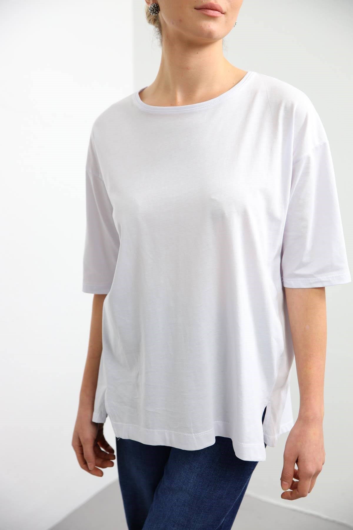 Beyaz Arkası Yırtmaçlı Oversize Bluz - Şaman Butik Beyaz Arkası Yırtmaçlı Oversize Bluz