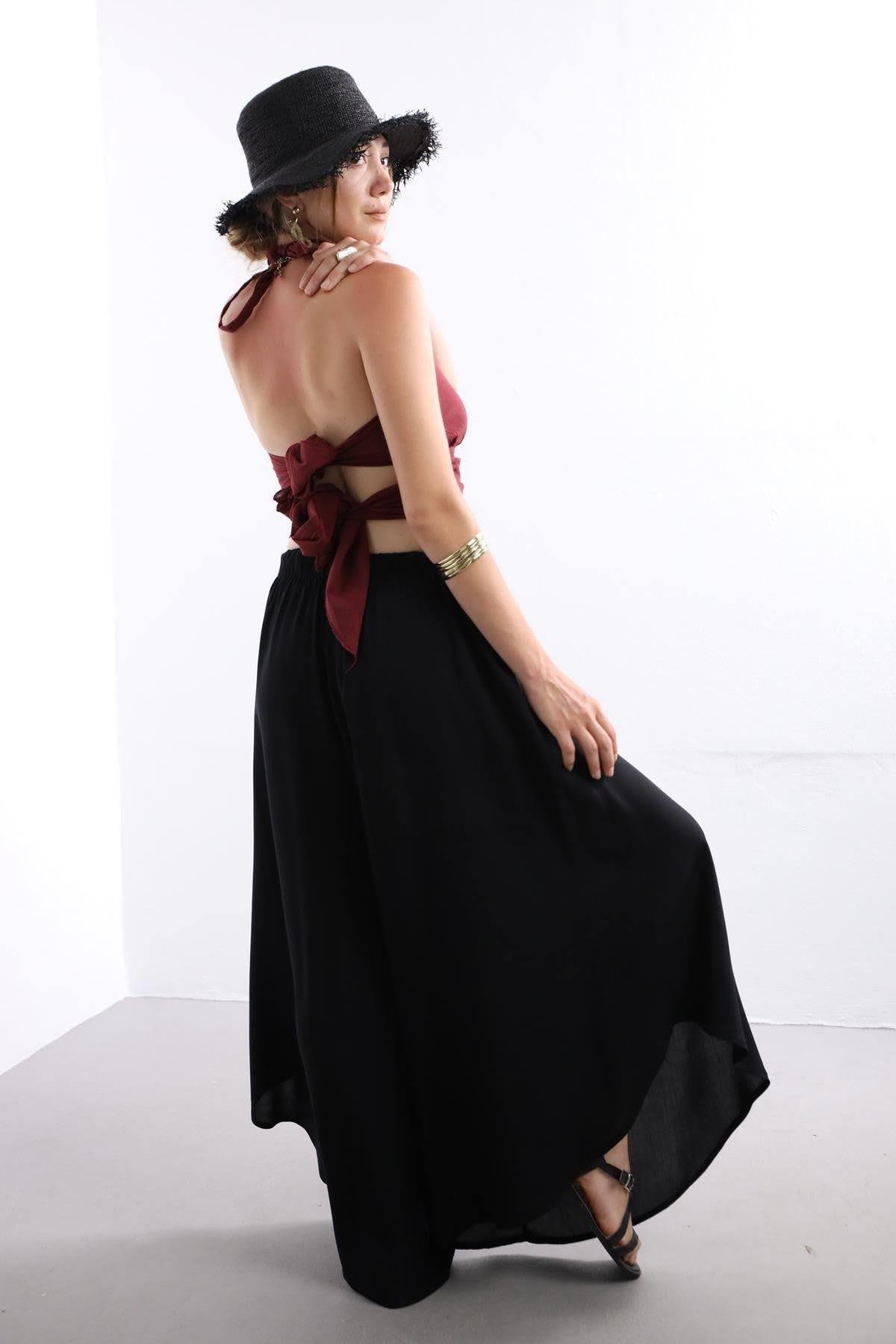Burgundy Tie Back Blouse - Saman Butik | Boho Fashion Burgundy Tie Back Blouse