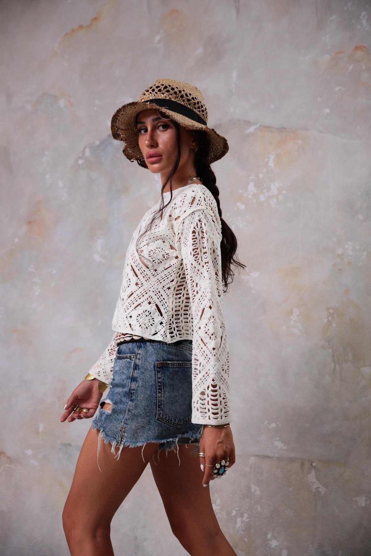 Ekru Dantelli Triko Crop Bluz - Şaman Butik Ekru Dantelli Triko Crop Bluz