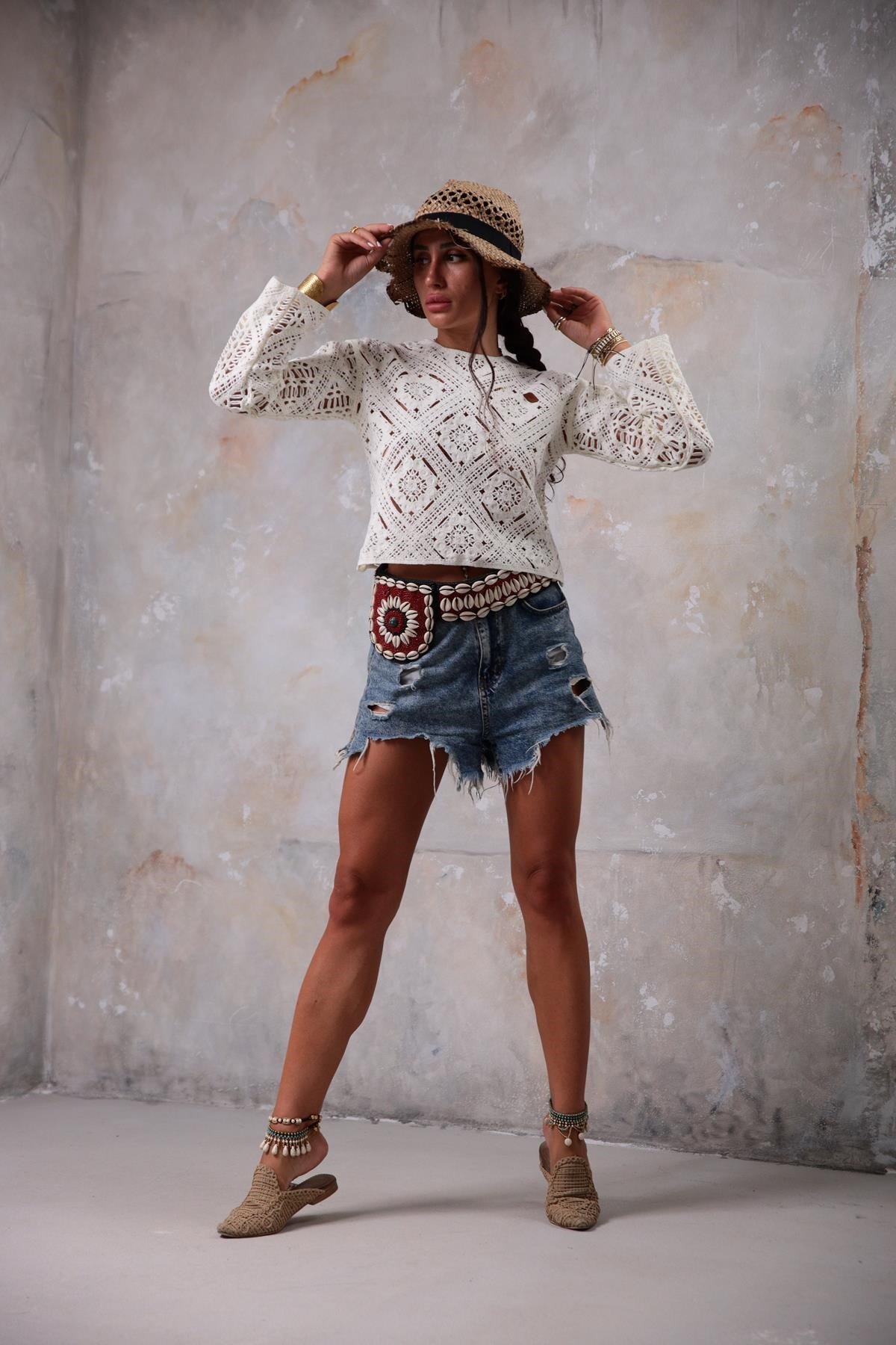Ekru Dantelli Triko Crop Bluz - Şaman Butik Ekru Dantelli Triko Crop Bluz