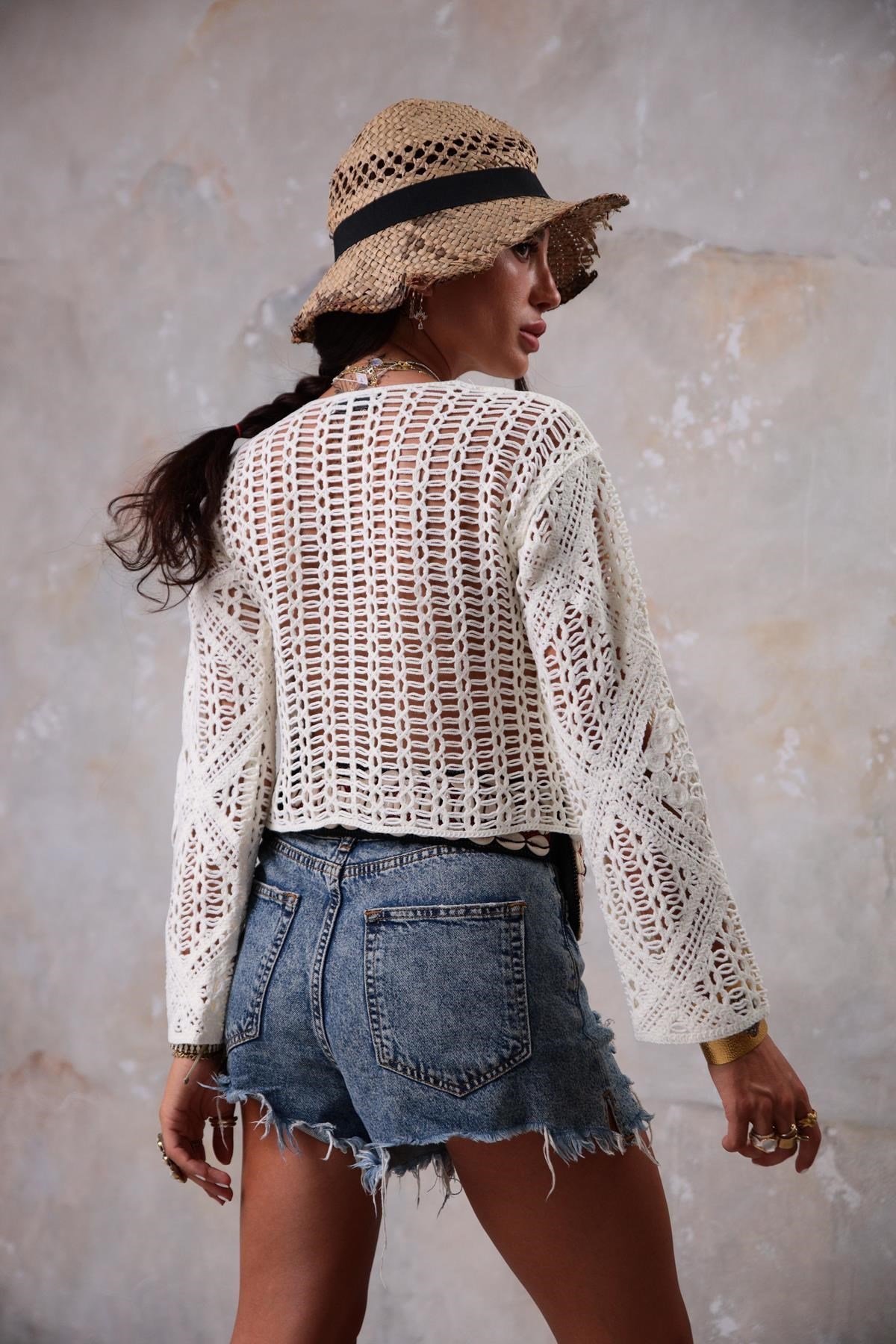 Ekru Dantelli Triko Crop Bluz - Şaman Butik Ekru Dantelli Triko Crop Bluz