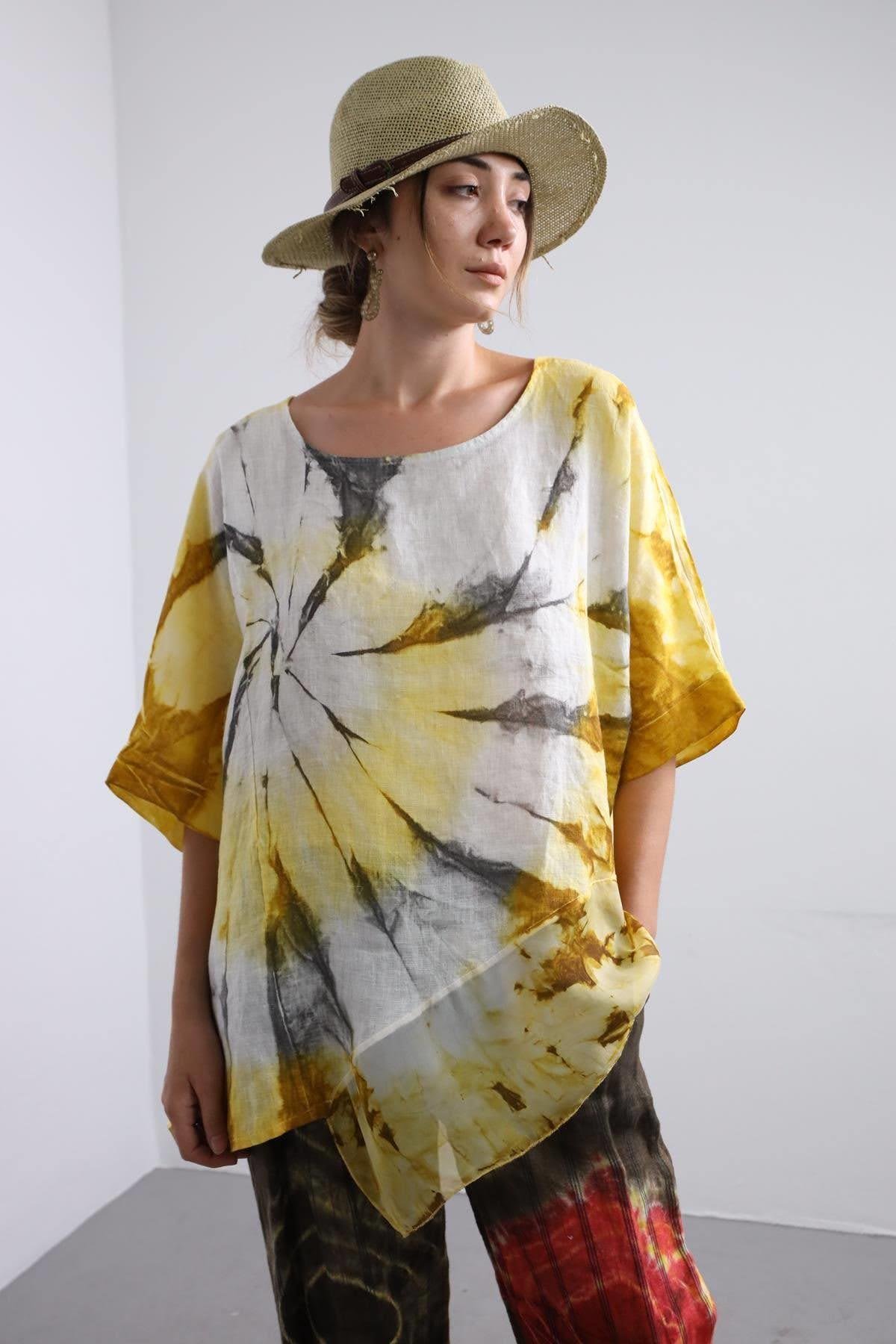 Sarı Batikli İpek Detaylı Keten Bluz - Şaman Butik Sarı Batikli İpek Detaylı Keten Bluz