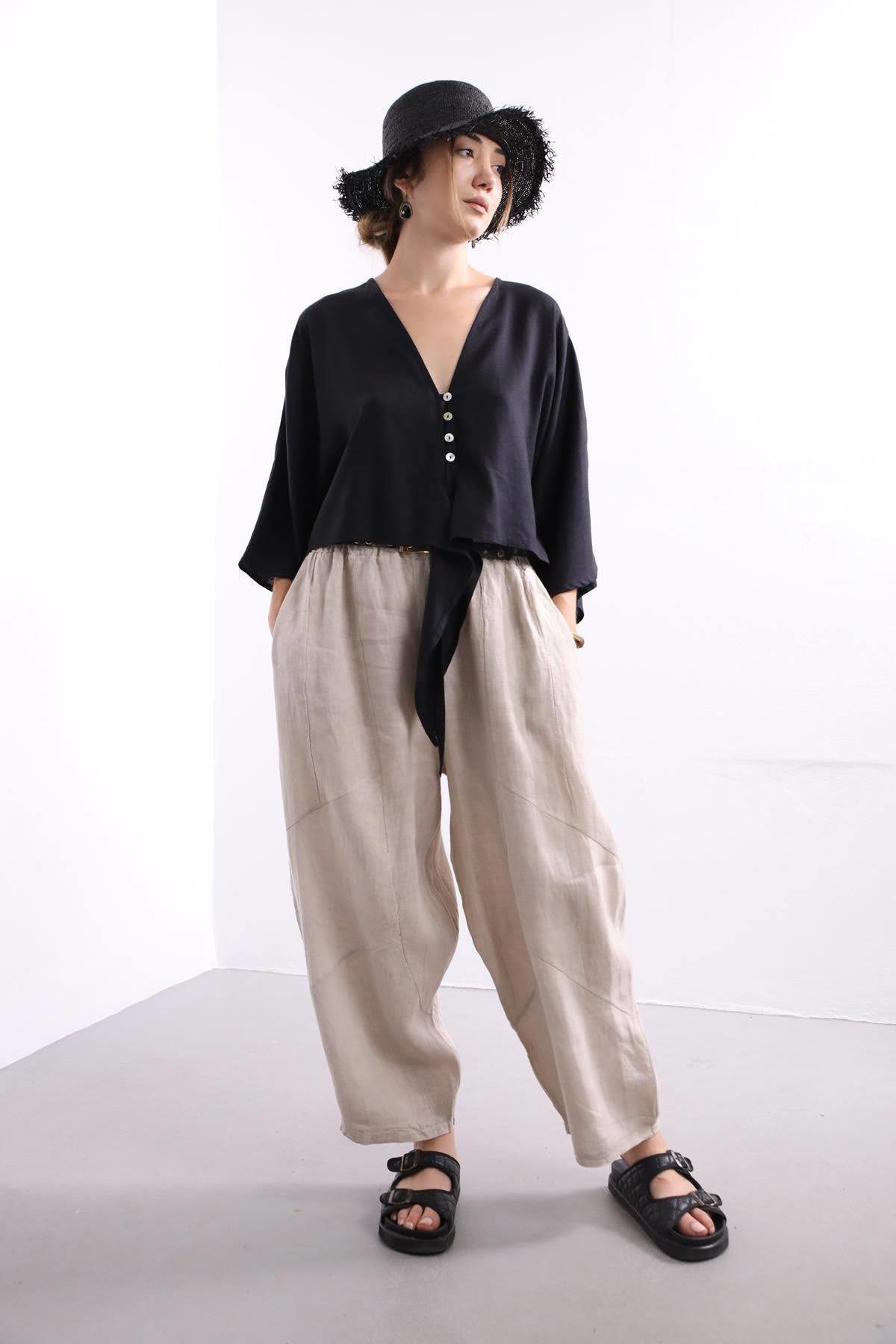 Siyah Düğmeli Keten Bolero - Şaman Butik Siyah Düğmeli Keten Bolero