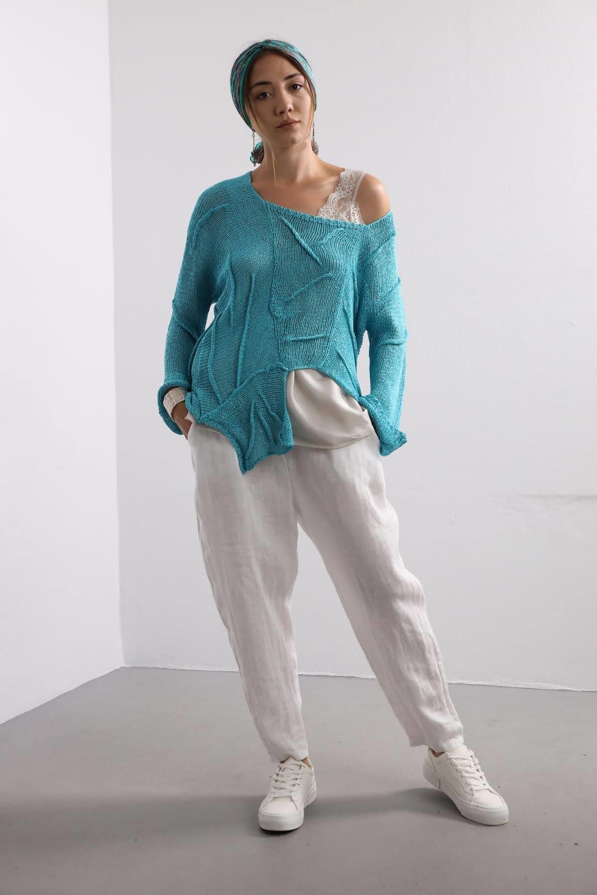 Saman Butik | Shop Online Mint Green Square Collar Stitch Detail Mercerized Blouse