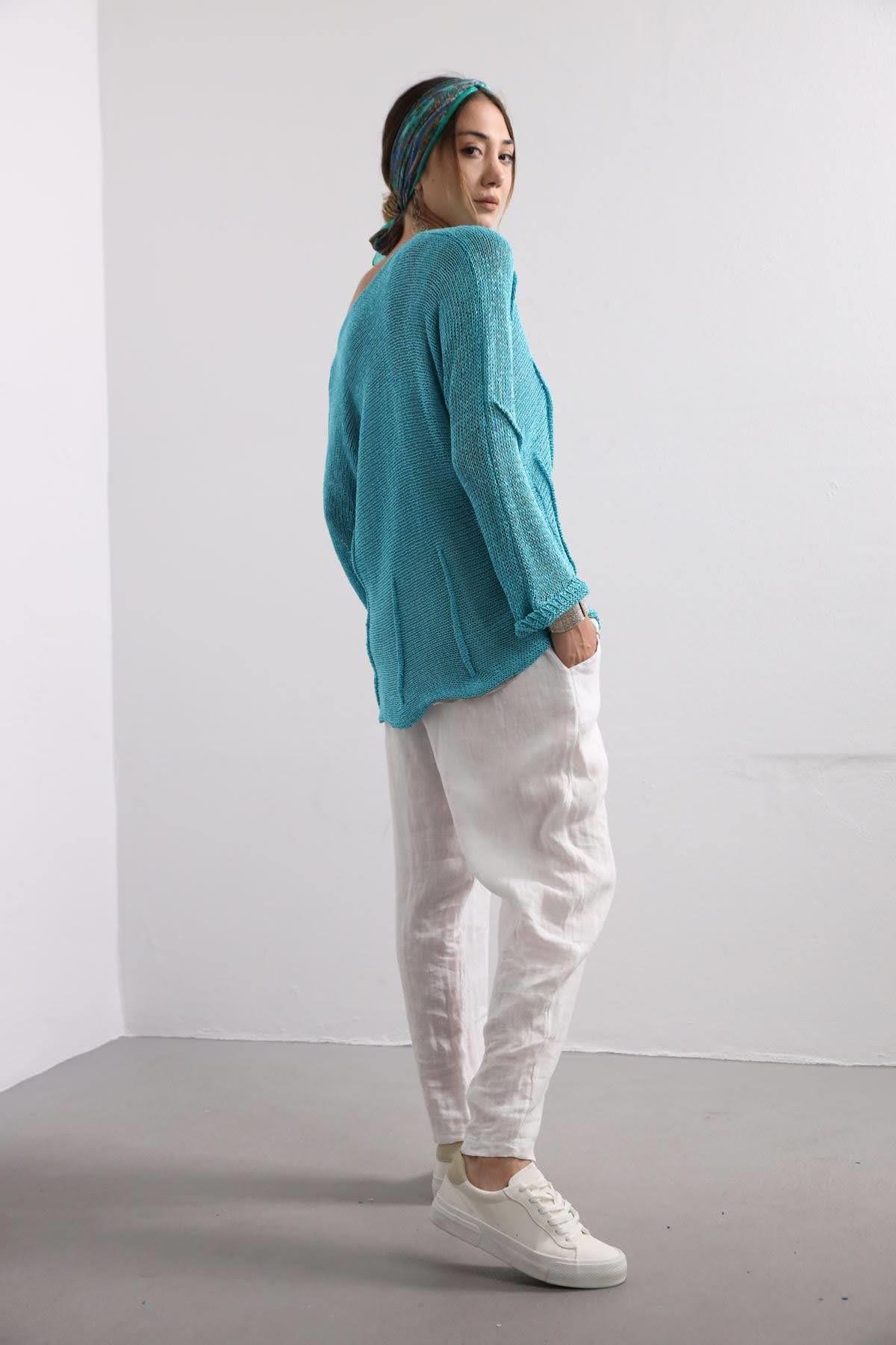 Saman Butik | Shop Online Mint Green Square Collar Stitch Detail Mercerized Blouse
