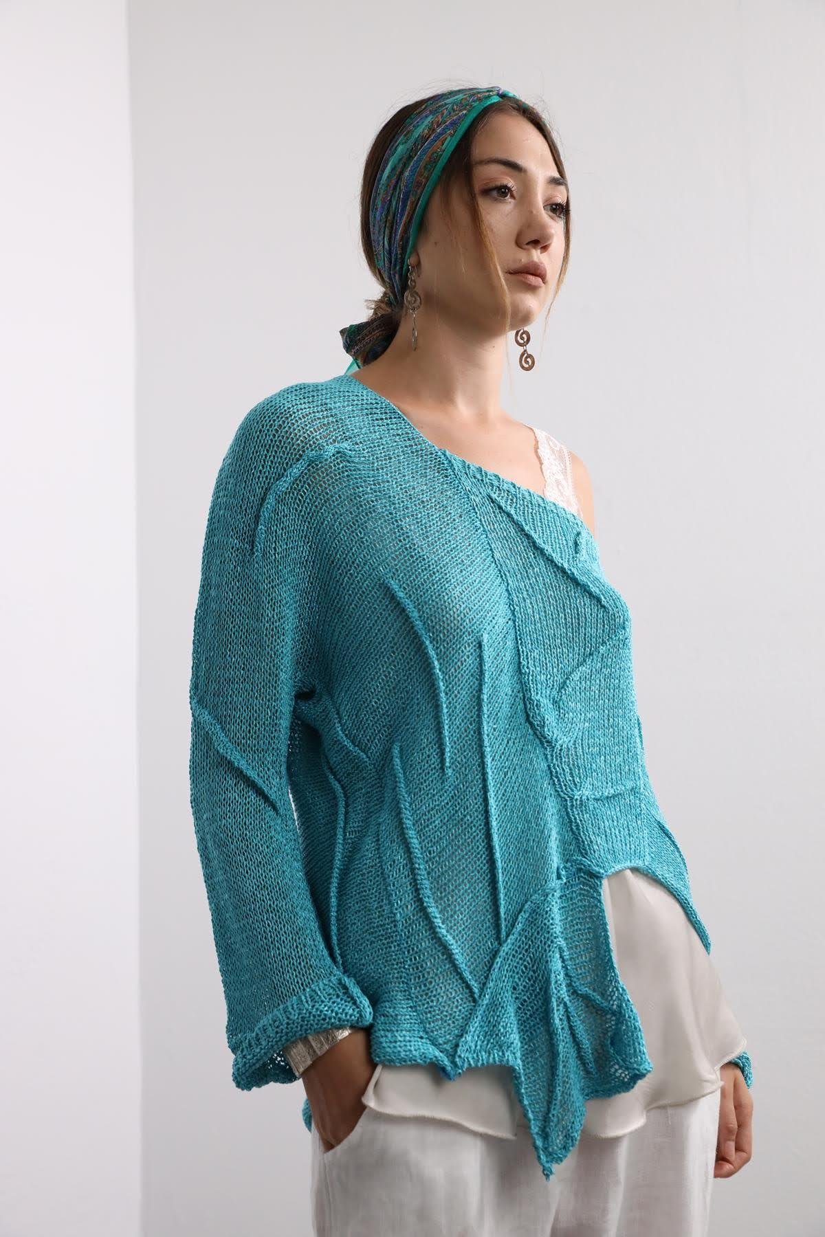 Saman Butik | Shop Online Mint Green Square Collar Stitch Detail Mercerized Blouse