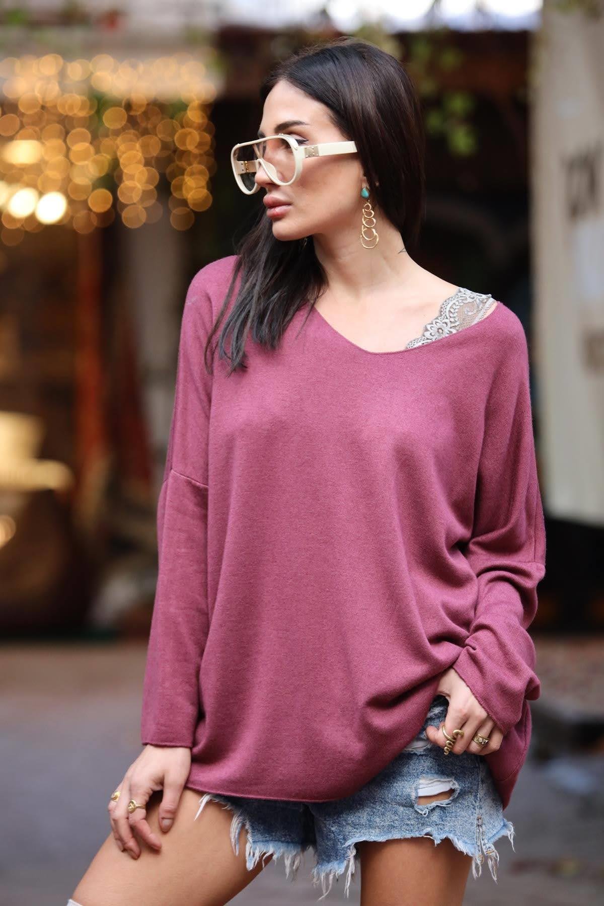 Bordo V Yaka Yumuşak Doku Angora Bluz
