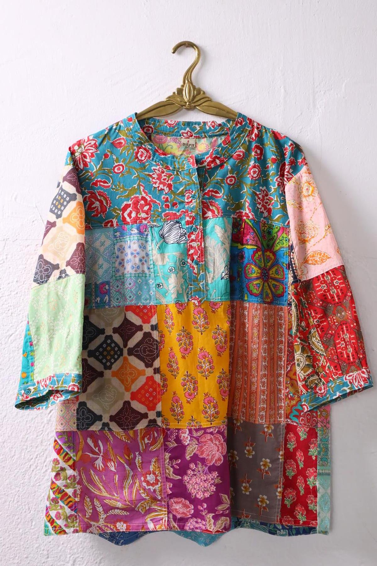 Mint Yeşili Yakası Düğmeli Patchwork Tunik - Şaman Butik Mint Yeşili Yakası Düğmeli Patchwork Tunik