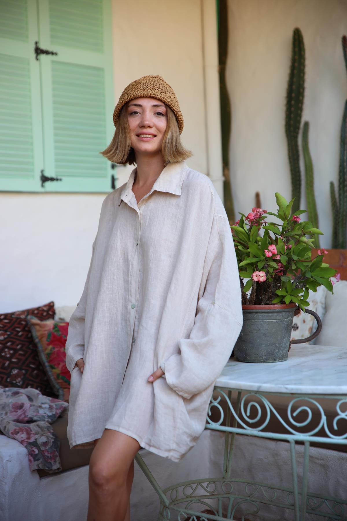 Cream Long Linen Shirt - Saman Butik | Shop Online Cream Long Linen Shirt