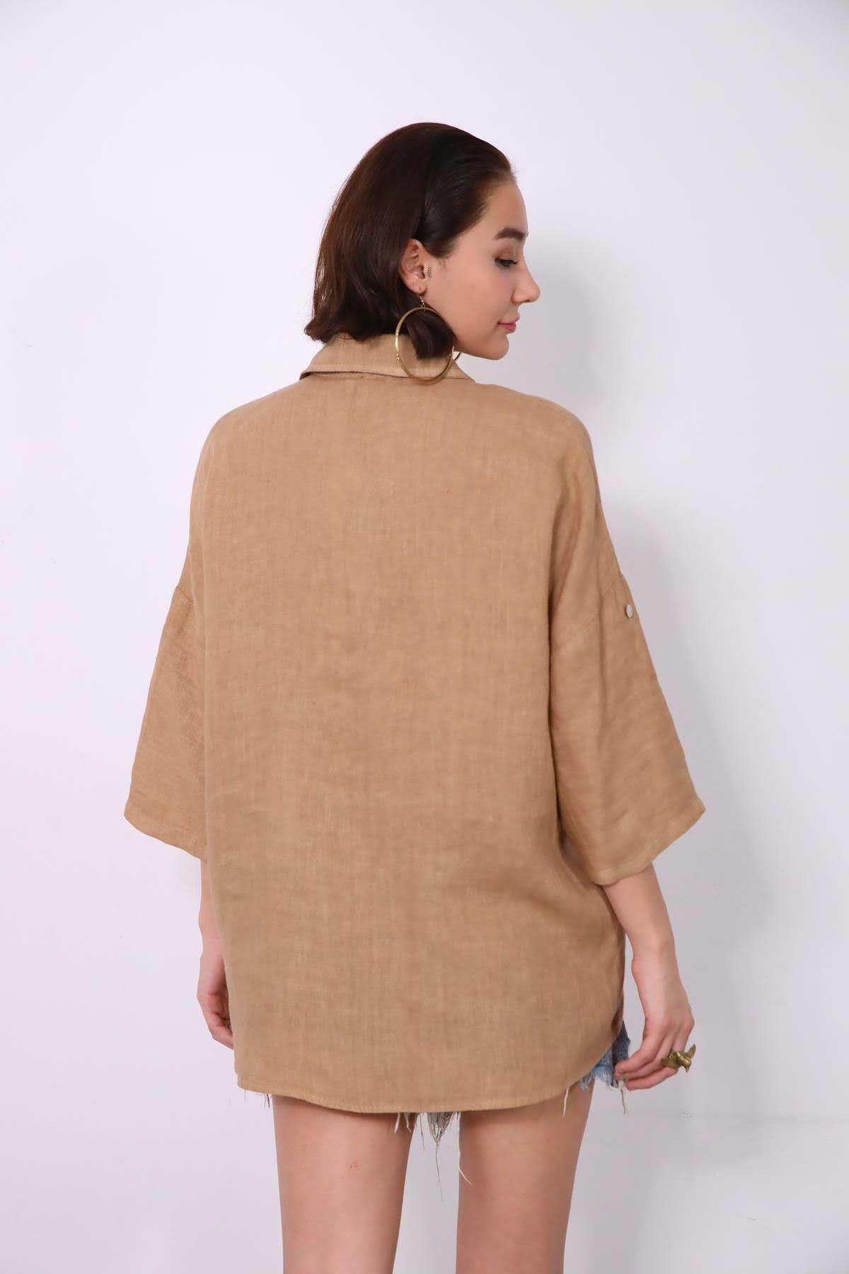  Camel Rengi Kolları Apoletli Keten Gömlek