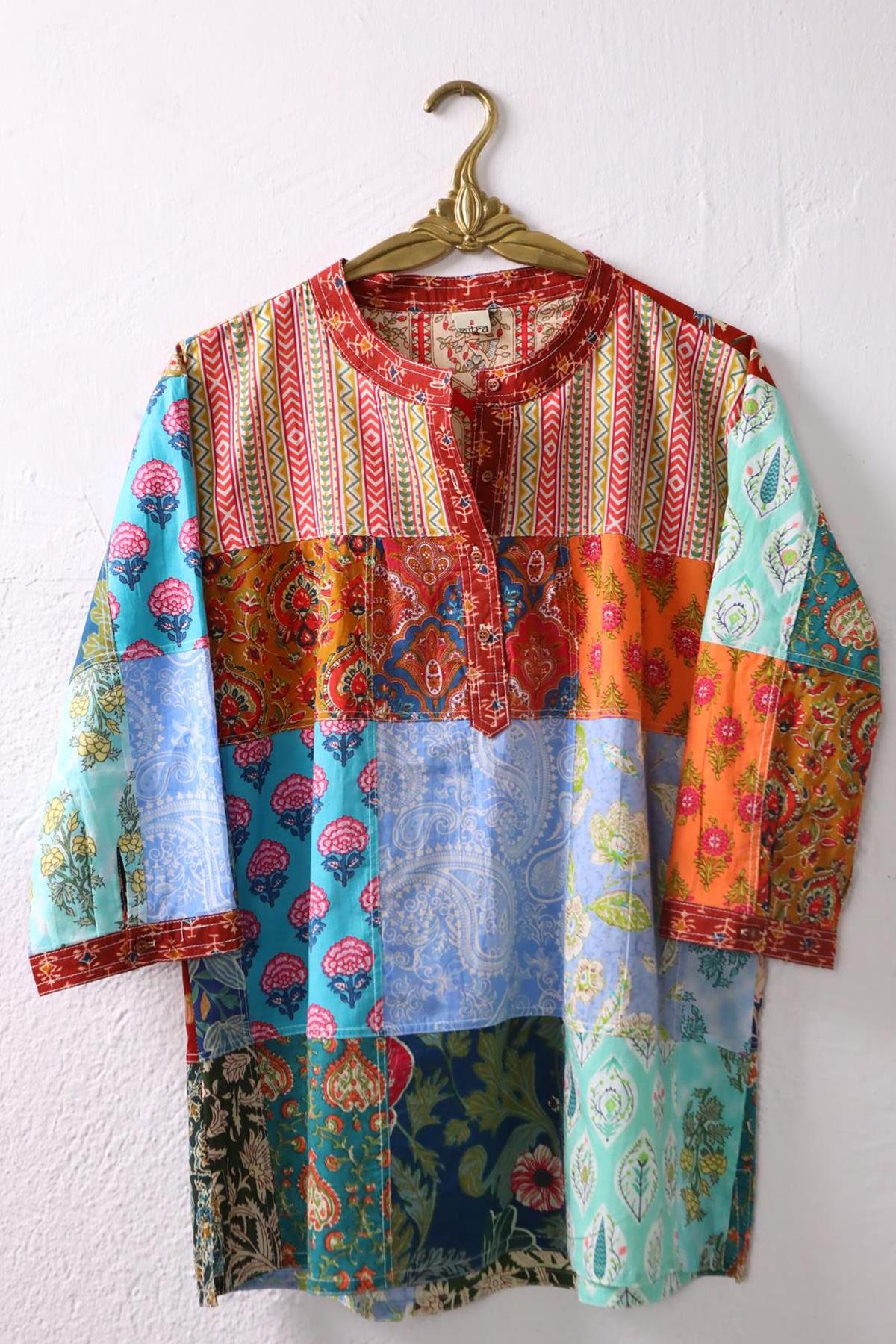 Renkli Yakası Düğmeli Patchwork Tunik - Şaman Butik Renkli Yakası Düğmeli Patchwork Tunik