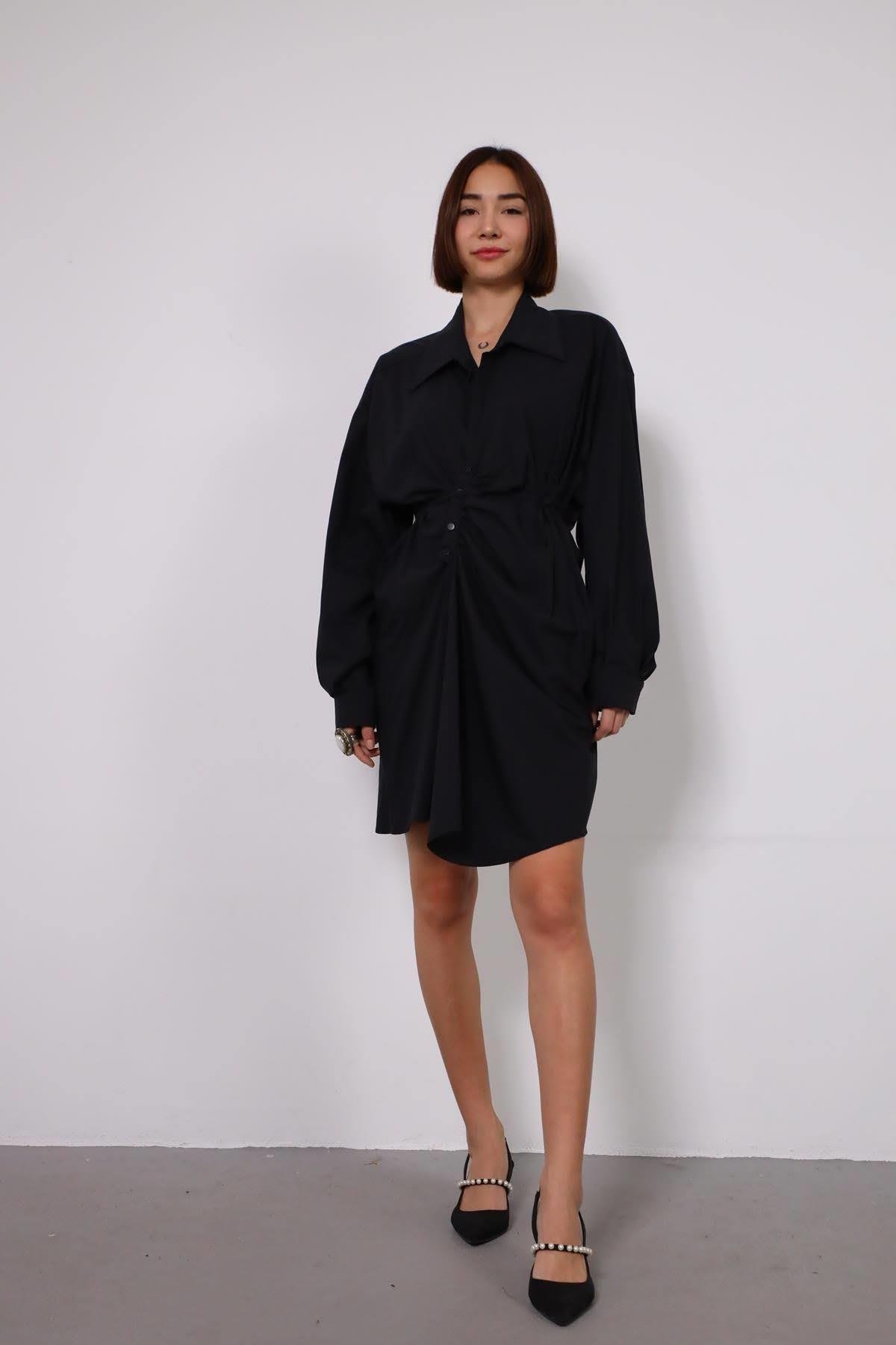 Black Big Collar Asymmetrical Dress with Snap Fastener Black Big Collar Asymmetrical Dress with Snap Fastener
