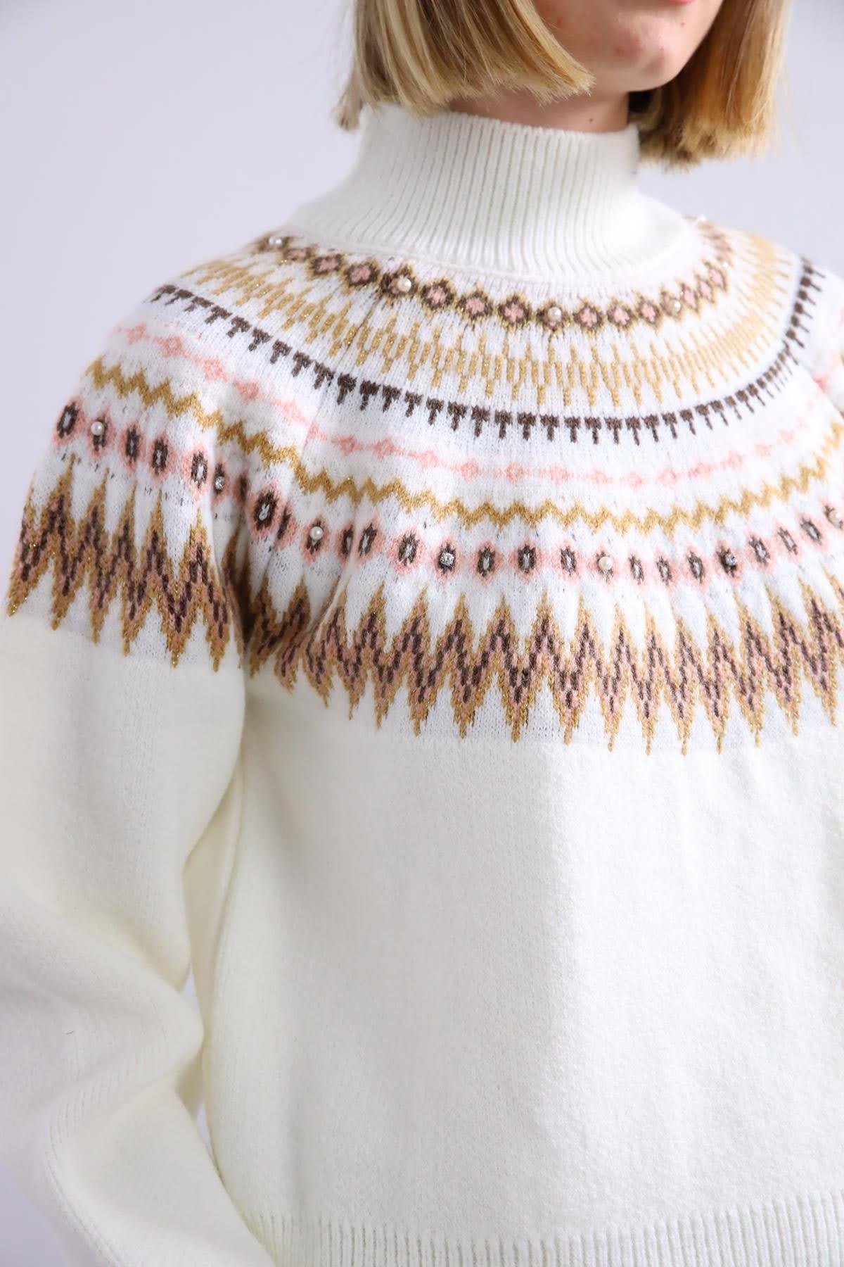 Ekru İnci Detaylı Motifli Kazak - Şaman Butik Ekru İnci Detaylı Motifli Kazak