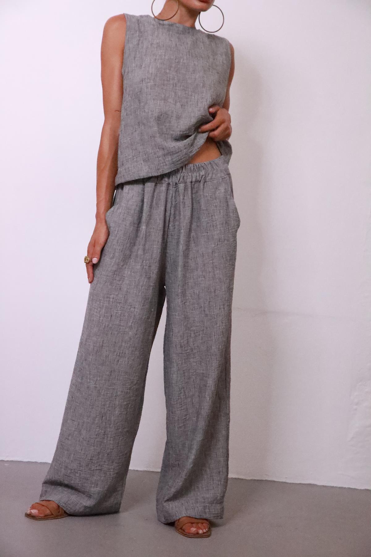  Gri Keten Crop ve Pantolon Takım