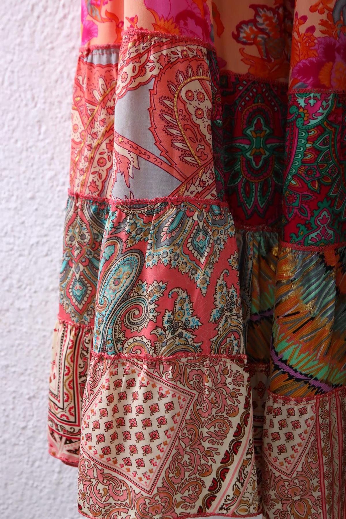  Renkli Patchwork Otantik İpek Etek