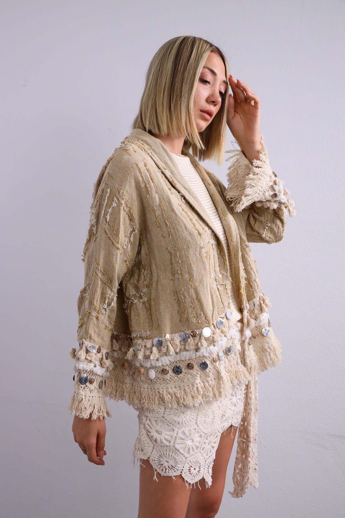 Camel Rengi Saçaklı Kısa Etnik Ceket  - Şaman Butik Camel Rengi Saçaklı Kısa Etnik Ceket