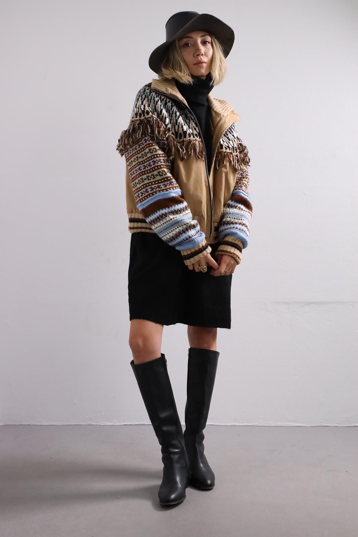  Camel Rengi Desenli Bomber Ceket