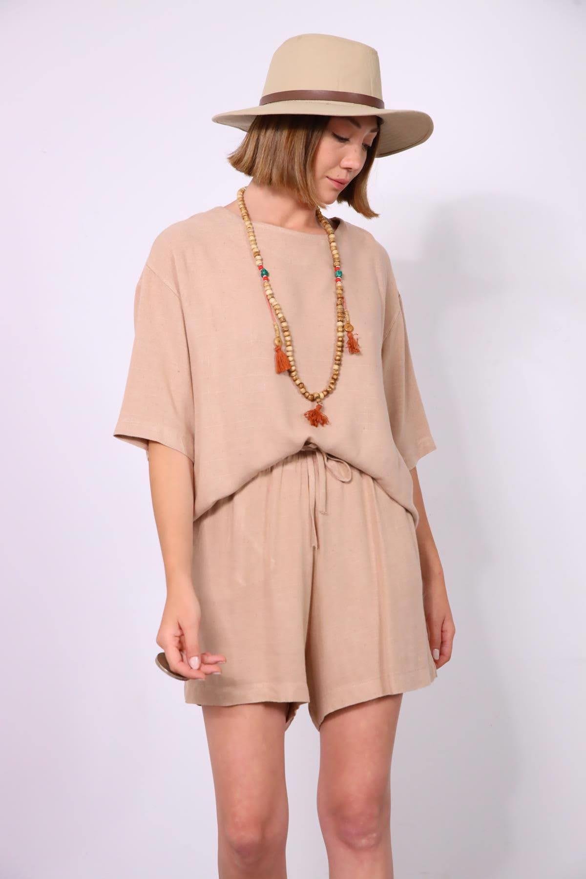  Camel Rengi Salaş Şortlu Takım