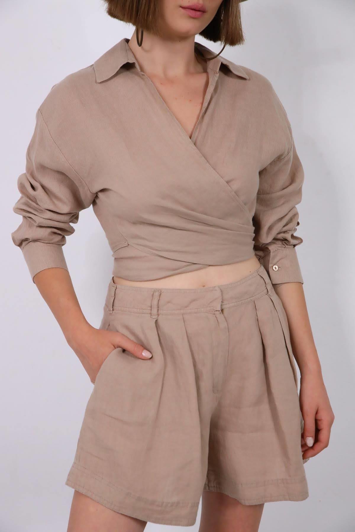Vizon Rengi Gömlek Yaka Uzun Kollu Bağlamalı Crop - Şaman Butik Vizon Rengi Gömlek Yaka Uzun Kollu Bağlamalı Crop