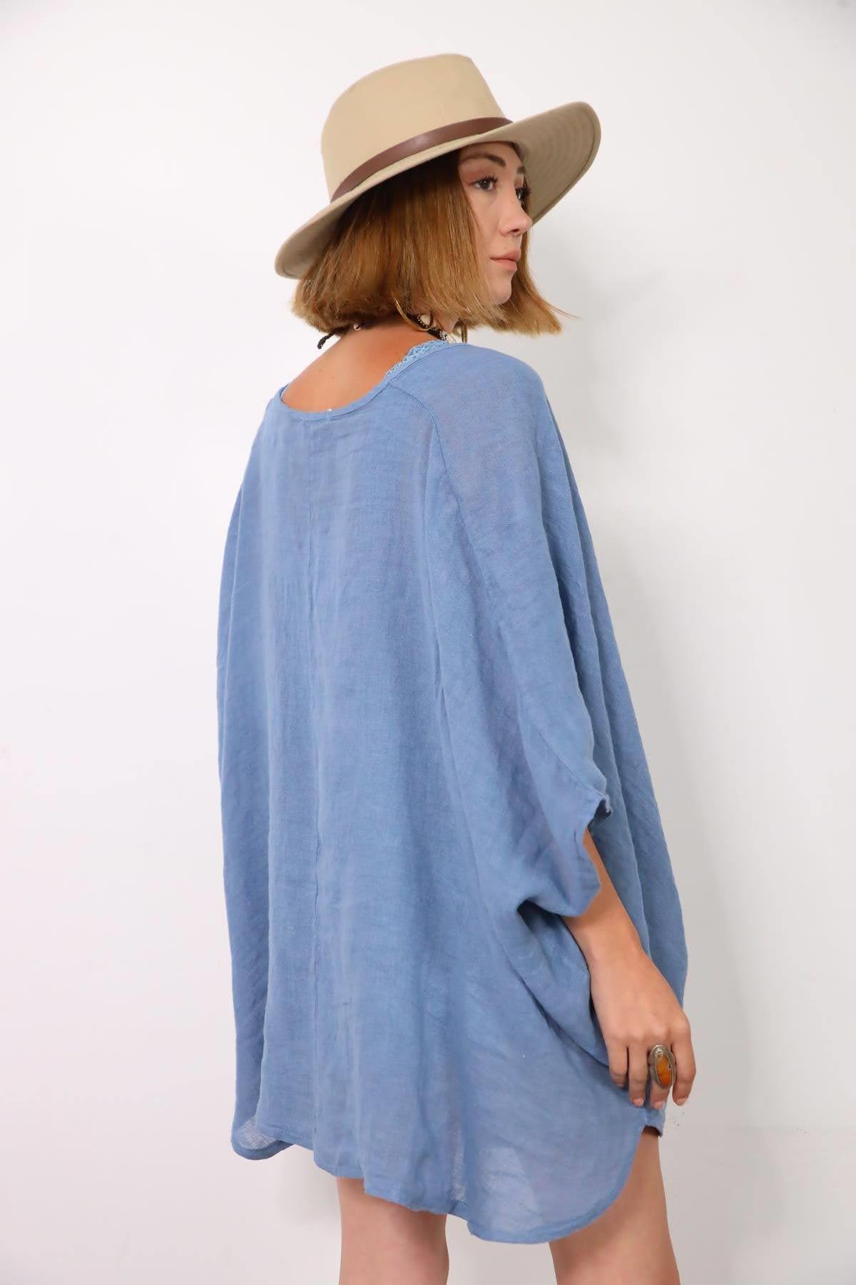 İndigo Blue One Button Linen Judith Blouse İndigo Blue One Button Linen Judith Blouse