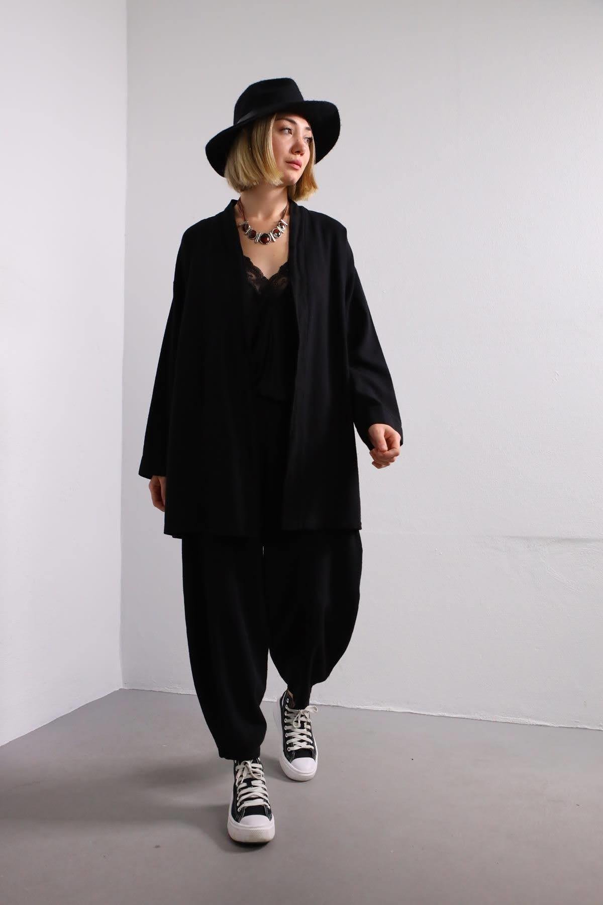 Siyah Dikiş Detaylı Keten Kimono Takım - Şaman Butik Siyah Dikiş Detaylı Keten Kimono Takım