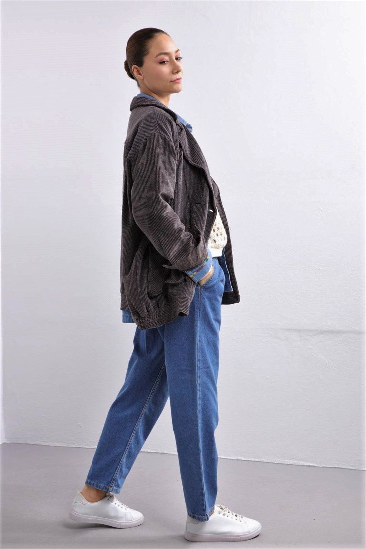  Antrasit Kruvaze Kapama Oversize Ceket