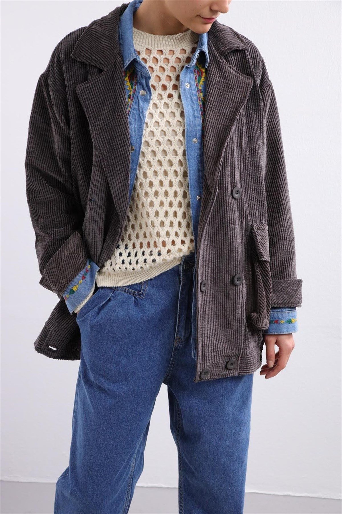  Antrasit Kruvaze Kapama Oversize Ceket