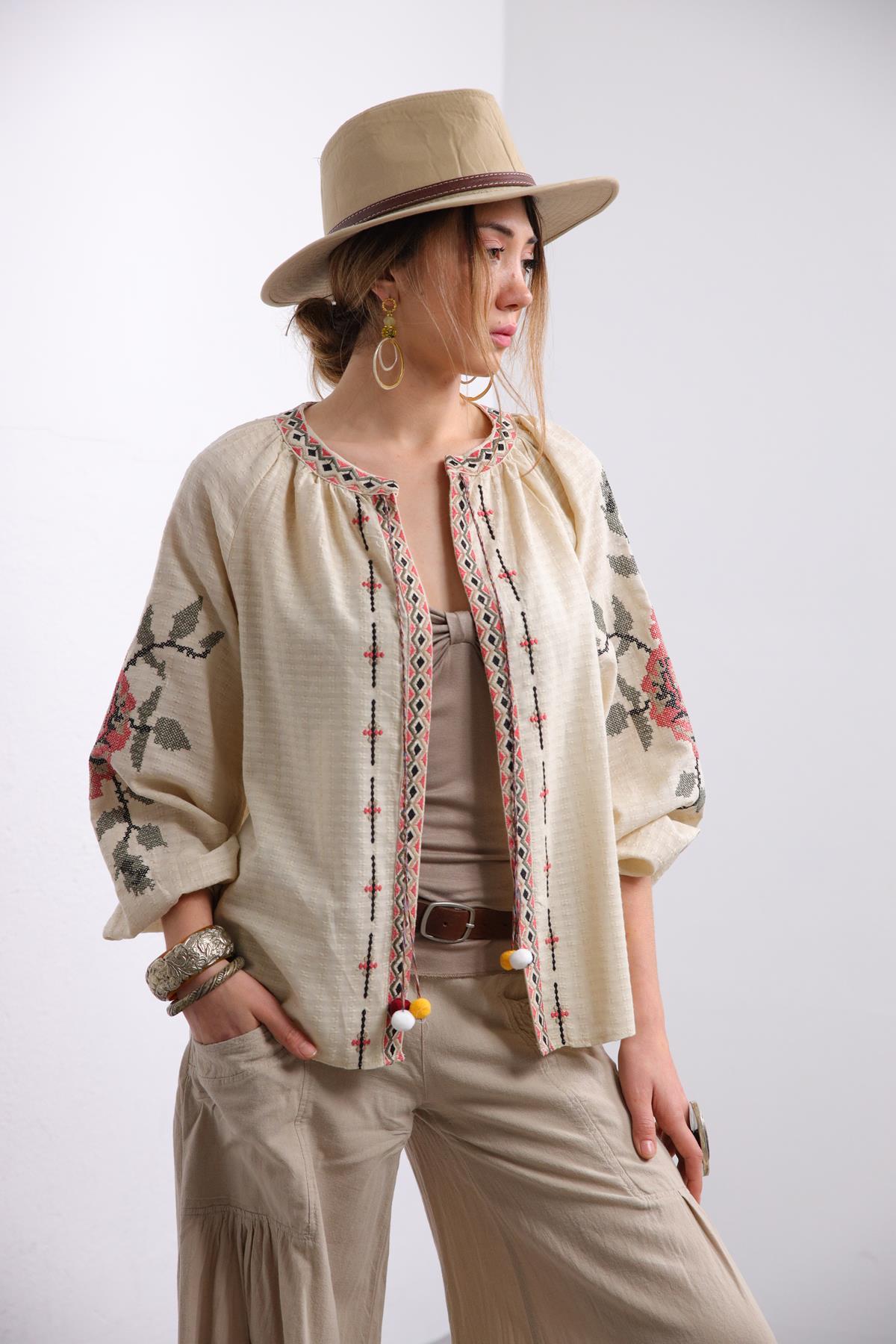 Beige Embroidered Jacket with Pompoms - Saman Butik | Shop Online Beige Embroidered Jacket with Pompoms