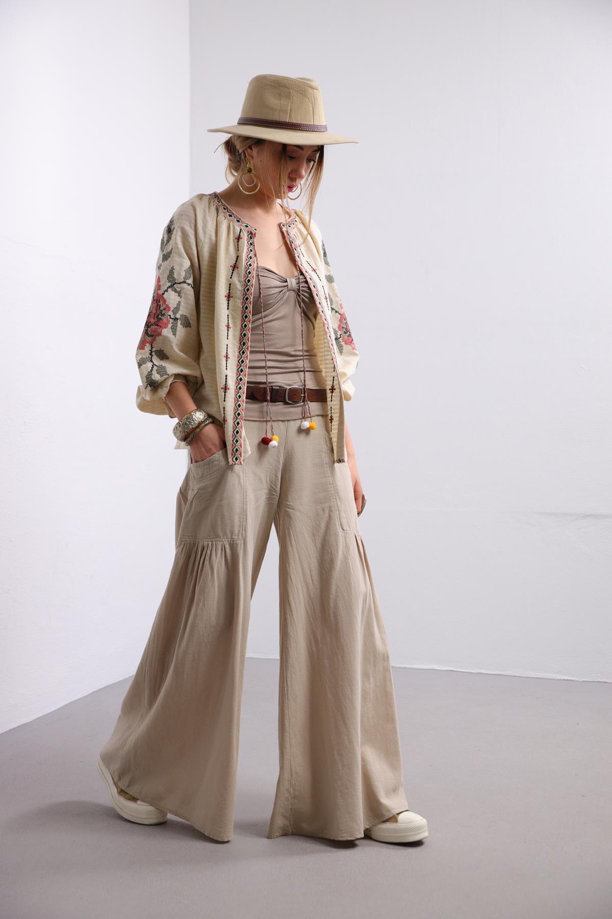Beige Embroidered Jacket with Pompoms - Saman Butik | Shop Online Beige Embroidered Jacket with Pompoms
