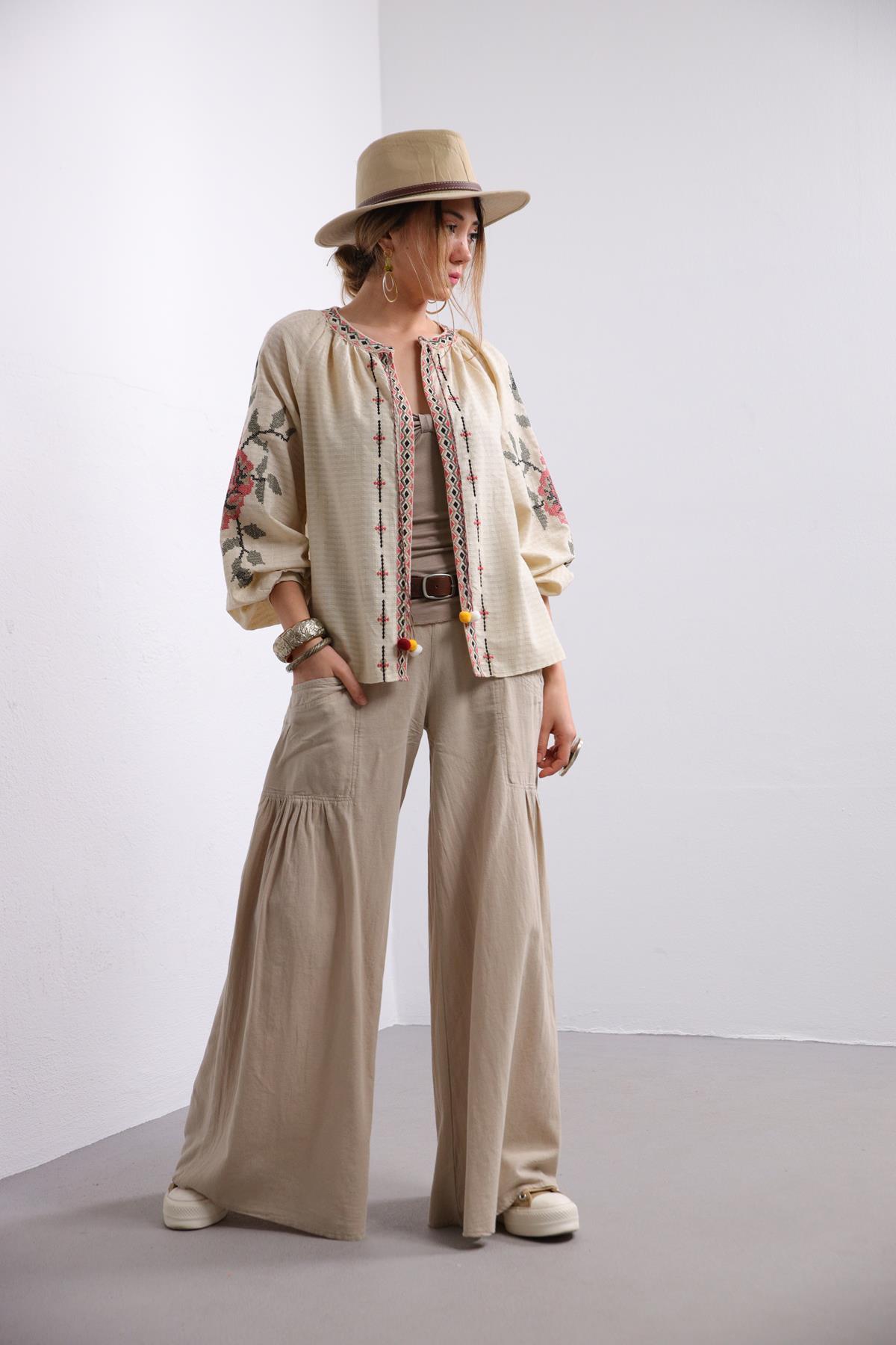 Beige Embroidered Jacket with Pompoms - Saman Butik | Shop Online Beige Embroidered Jacket with Pompoms