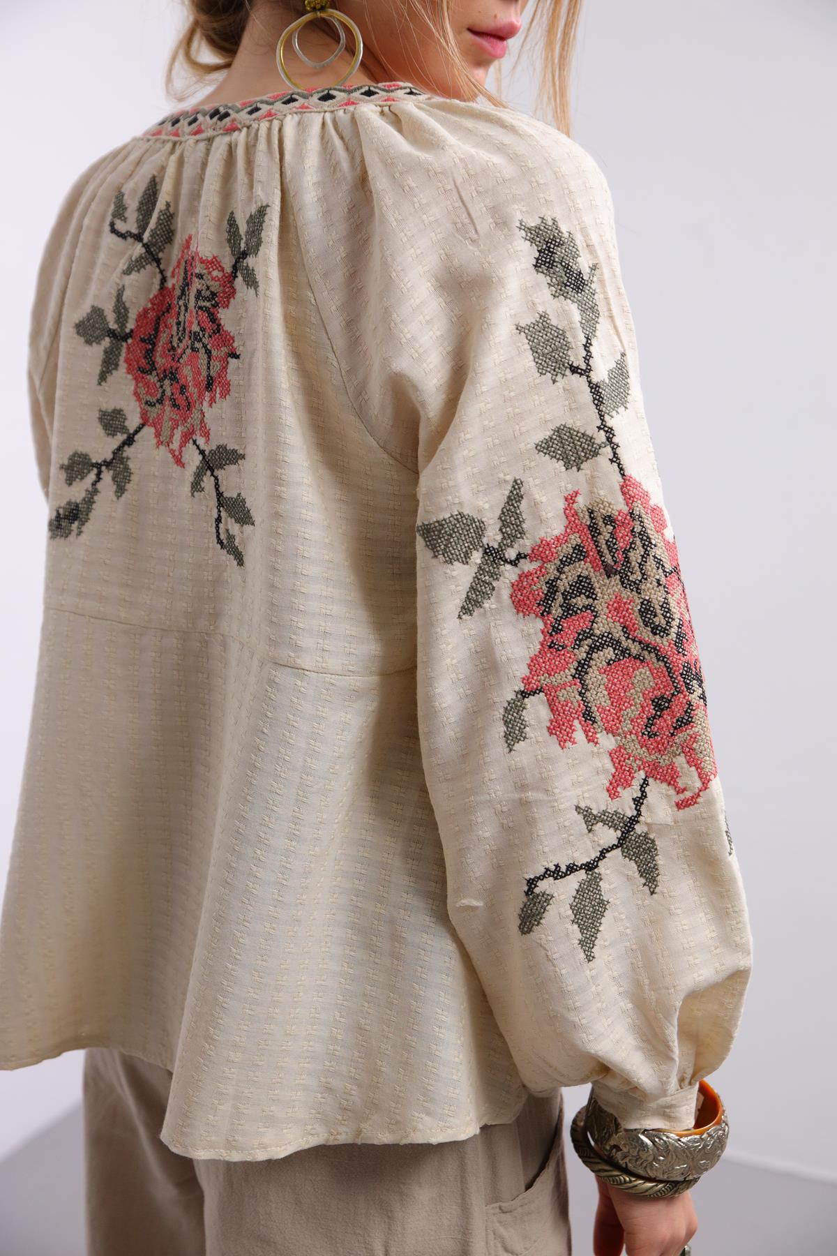 Beige Embroidered Jacket with Pompoms - Saman Butik | Shop Online Beige Embroidered Jacket with Pompoms