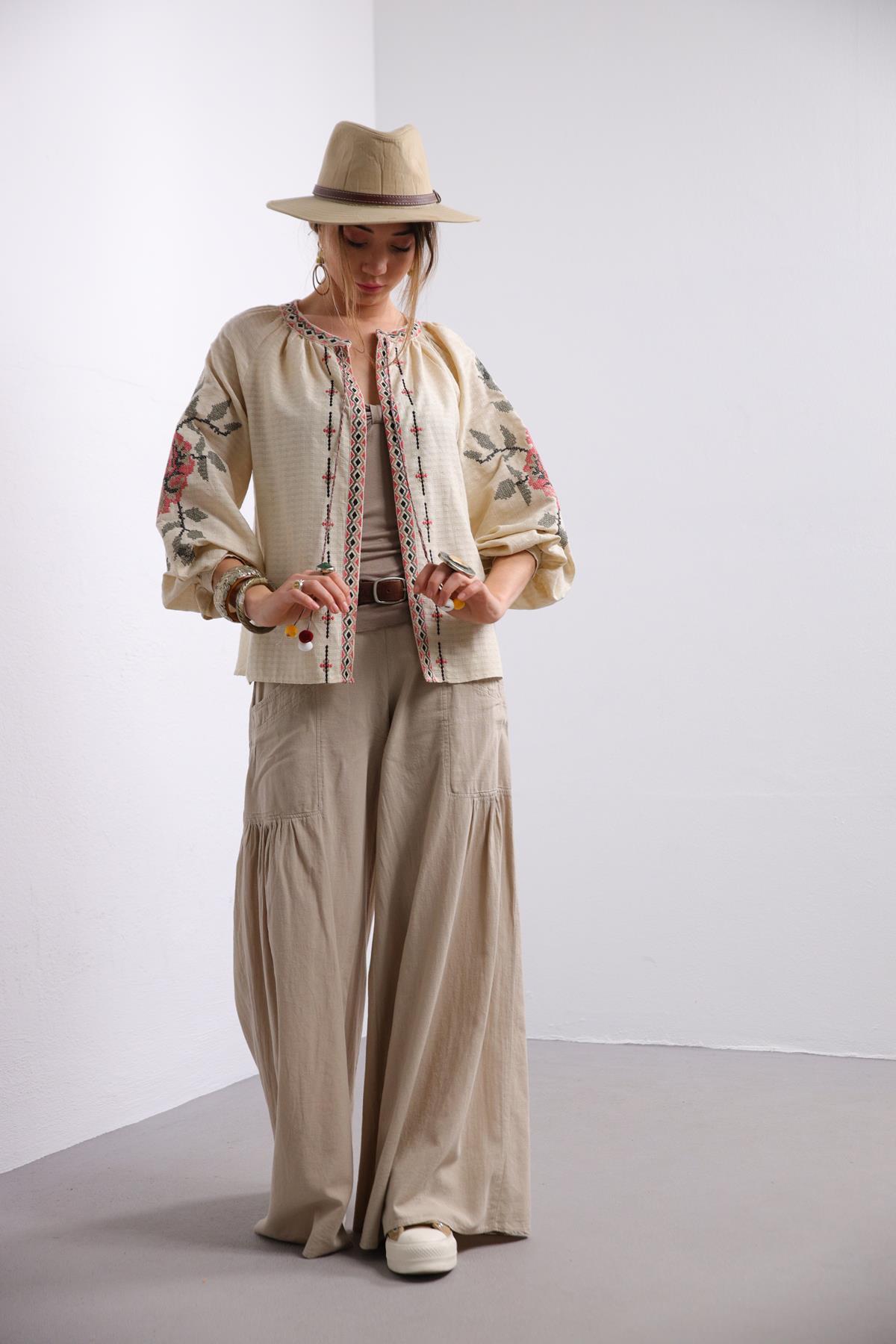 Beige Embroidered Jacket with Pompoms - Saman Butik | Shop Online Beige Embroidered Jacket with Pompoms