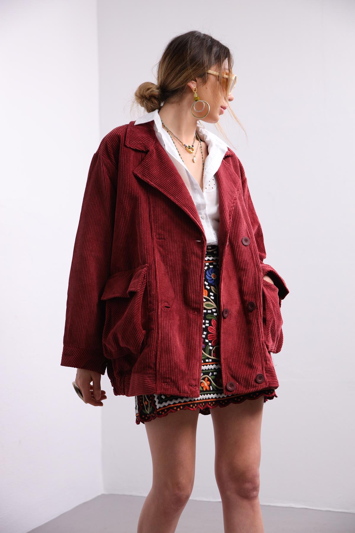 Bordo Kruvaze Kapama Oversize Ceket - Şaman Butik - Bohem Giyim ve Aksesuar | Kadın & Erkek Bordo Kruvaze Kapama Oversize Ceket