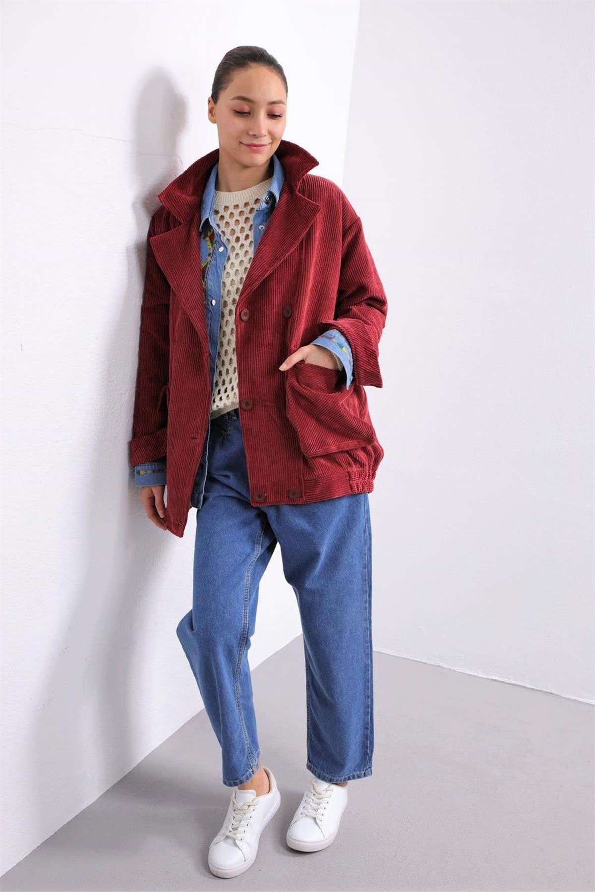Bordo Kruvaze Kapama Oversize Ceket - Şaman Butik - Bohem Giyim ve Aksesuar | Kadın & Erkek Bordo Kruvaze Kapama Oversize Ceket
