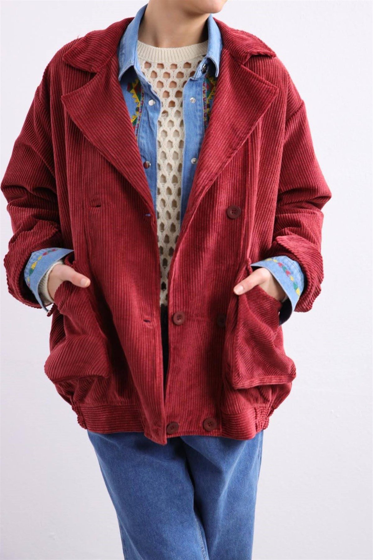 Bordo Kruvaze Kapama Oversize Ceket - Şaman Butik - Bohem Giyim ve Aksesuar | Kadın & Erkek Bordo Kruvaze Kapama Oversize Ceket