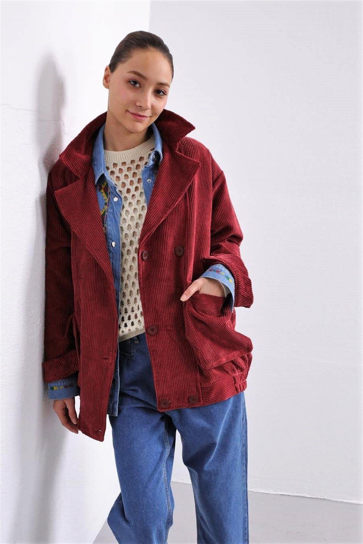 Bordo Kruvaze Kapama Oversize Ceket - Şaman Butik - Bohem Giyim ve Aksesuar | Kadın & Erkek Bordo Kruvaze Kapama Oversize Ceket