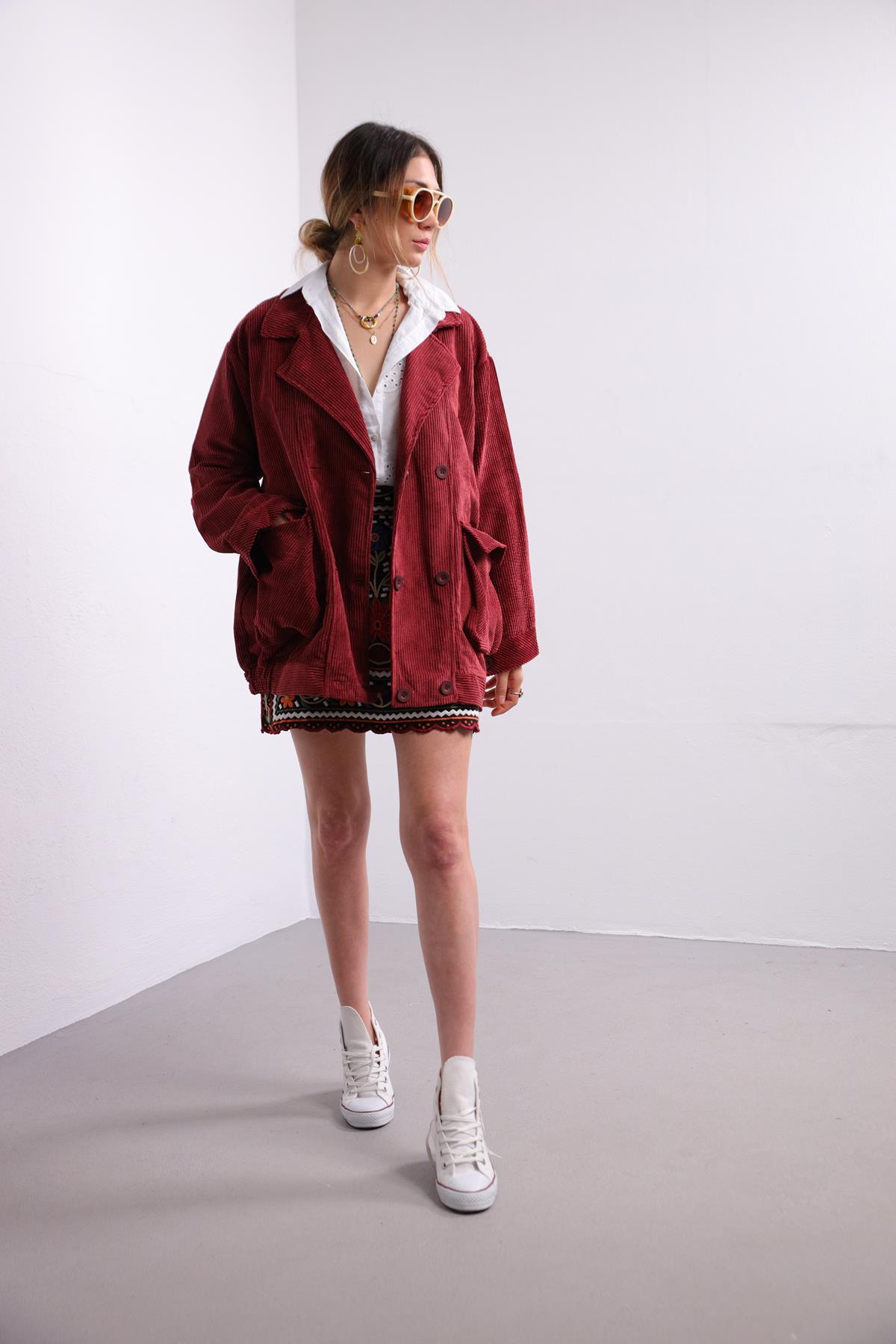 Bordo Kruvaze Kapama Oversize Ceket - Şaman Butik - Bohem Giyim ve Aksesuar | Kadın & Erkek Bordo Kruvaze Kapama Oversize Ceket